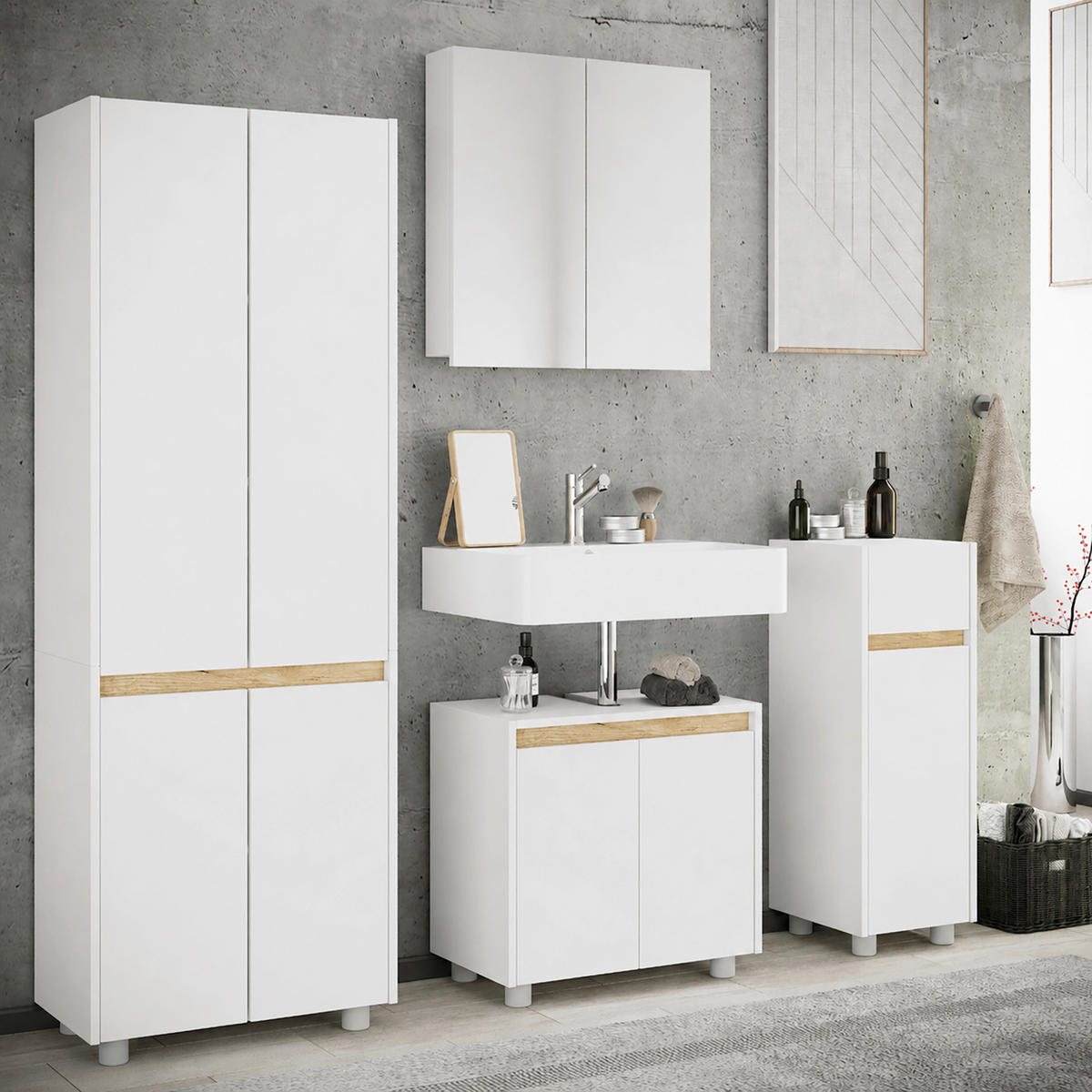 BADEZIMMER 4-teilig  in 154 cm  - Honigeiche/Silberfarben, Trend, Holzwerkstoff/Kunststoff (154cm) - MID.YOU