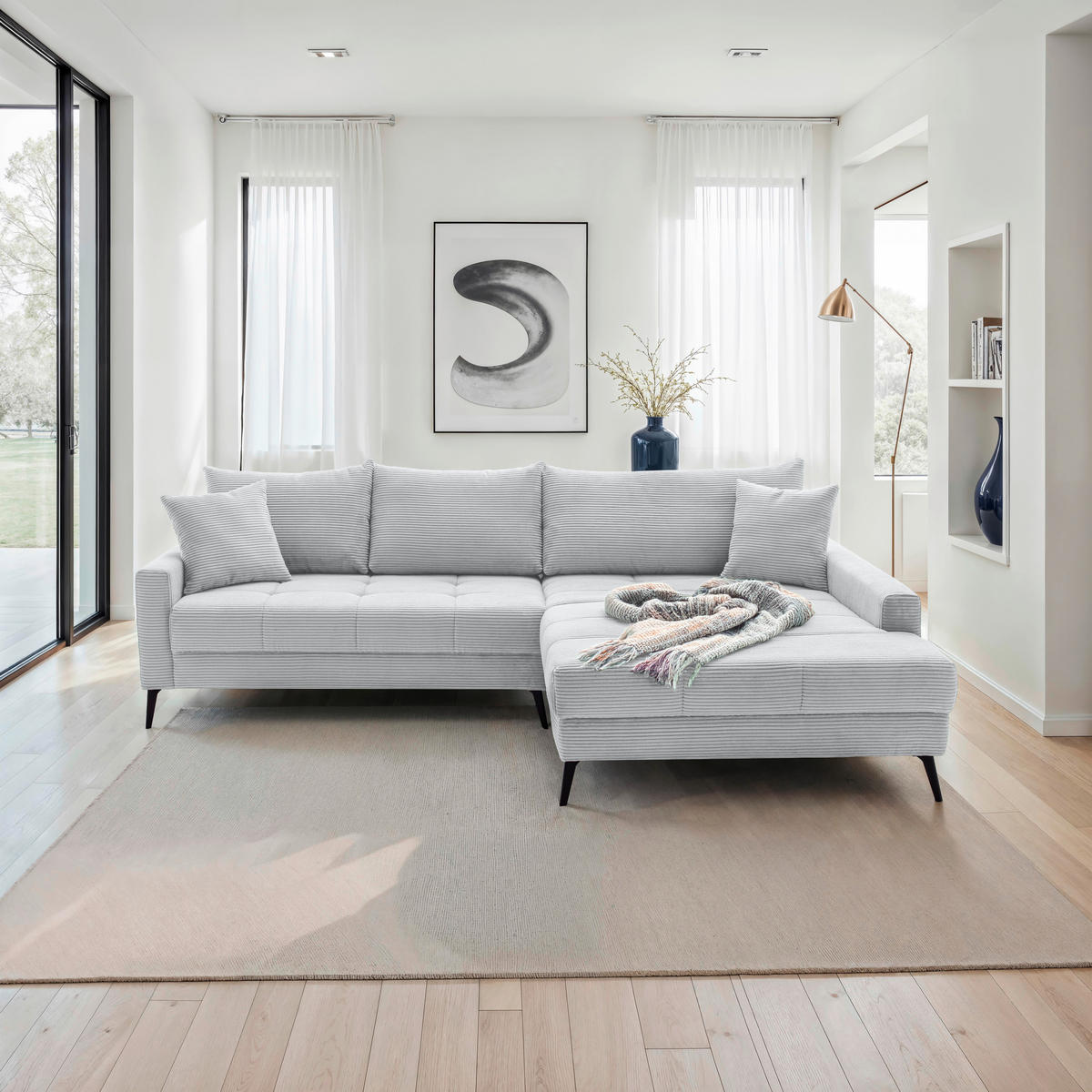 ECKSOFA Hellgrau Cord  - Hellgrau/Schwarz, KONVENTIONELL, Textil/Metall (280/173cm) - Hom`in