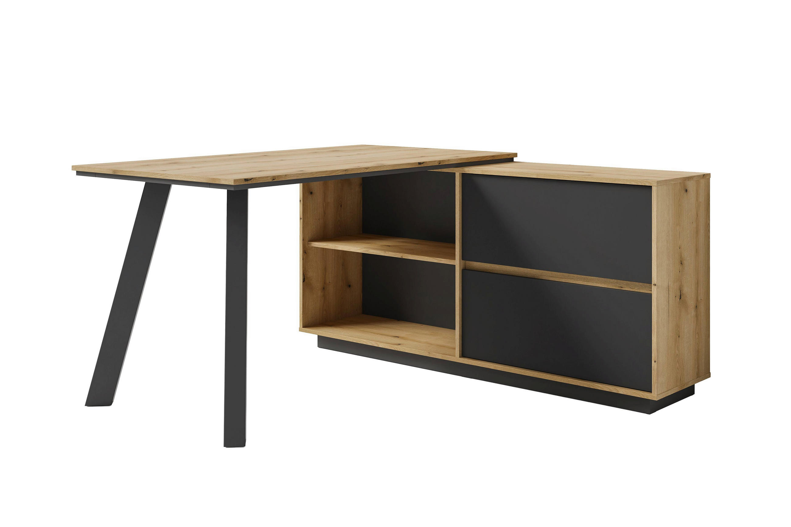 SCHREIBTISCH 138/150/75,4 cm Eichefarben   - Eichefarben/Schwarz, Modern, Holzwerkstoff (138/150/75,4cm) - MID.YOU