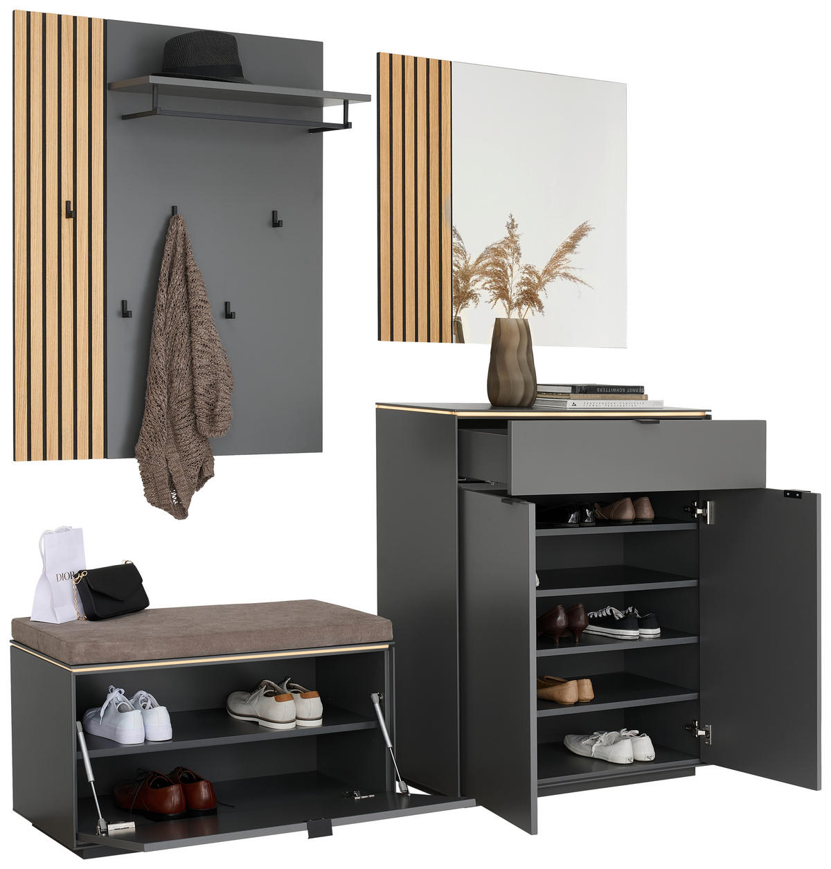 GARDEROBE 4-teilig  in 171/200/40 cm  - Eichefarben/Anthrazit, Design, Glas/Holz (171/200/40cm) - Dieter Knoll