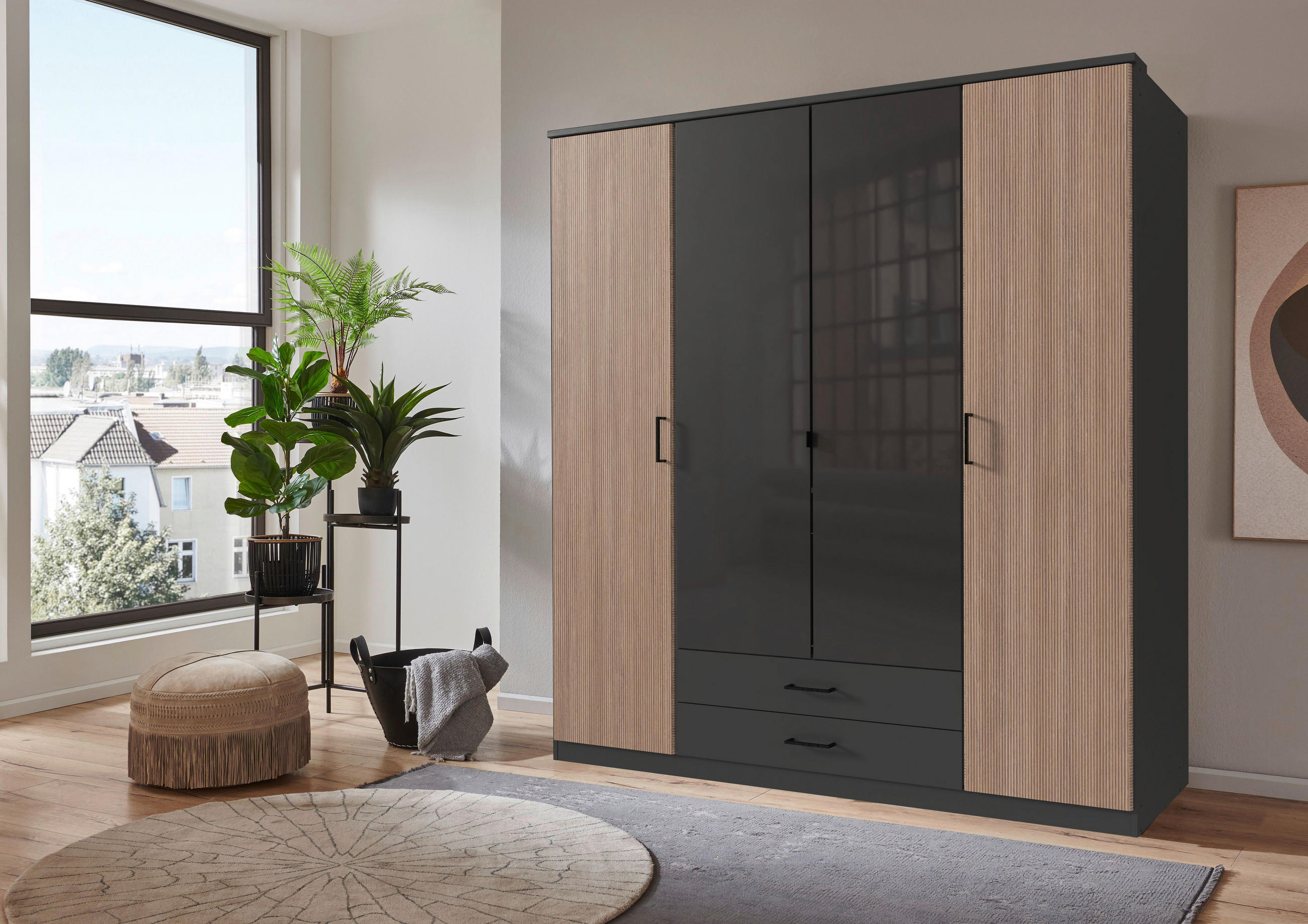 KLEIDERSCHRANK in Braun, Graphitfarben, Dunkelgrau  - Dunkelgrau/Schwarz, Konventionell, Glas/Holzwerkstoff (180/199/58cm) - Stylife