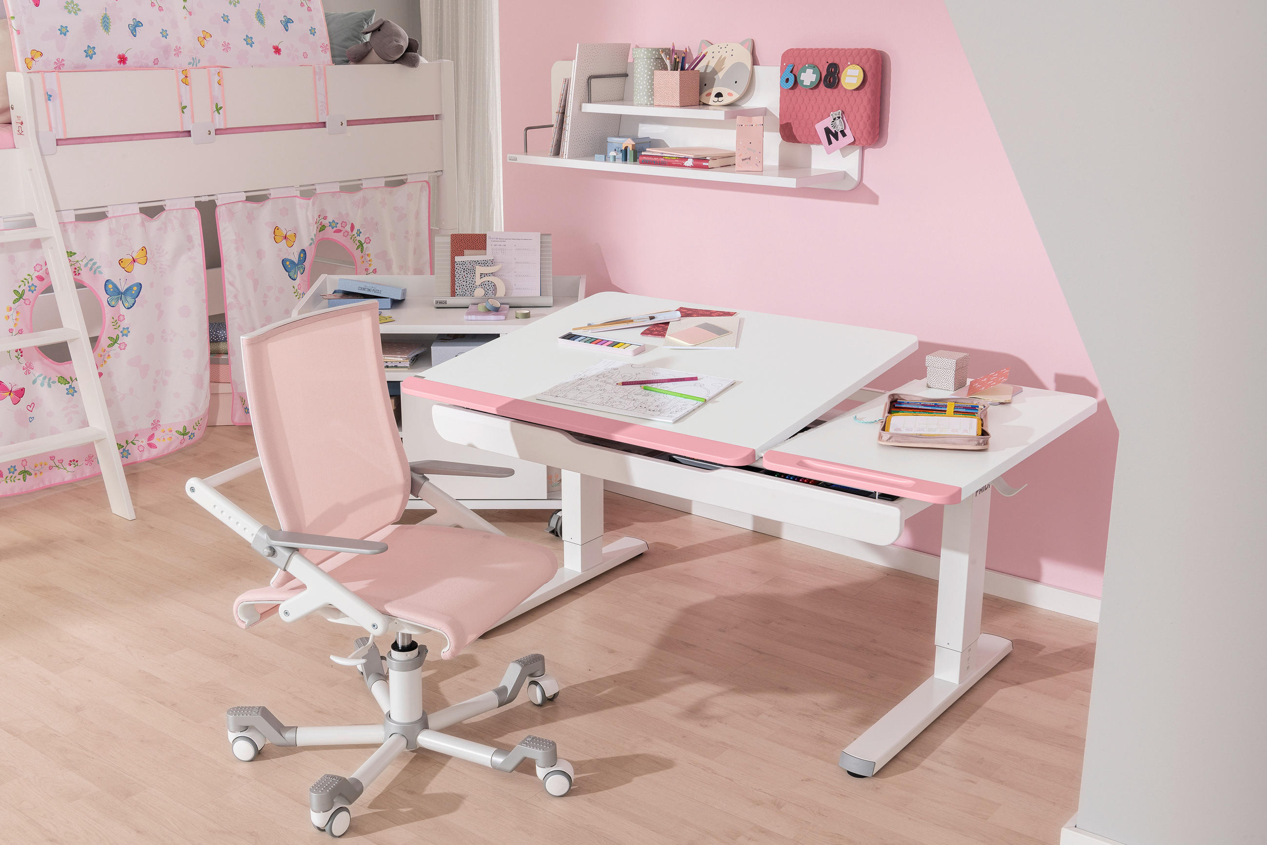 JUGENDSCHREIBTISCH 130/75/53-79 cm - Weiß/Rosa, Basics, Holzwerkstoff/Metall (130/75/53-79cm) - Paidi