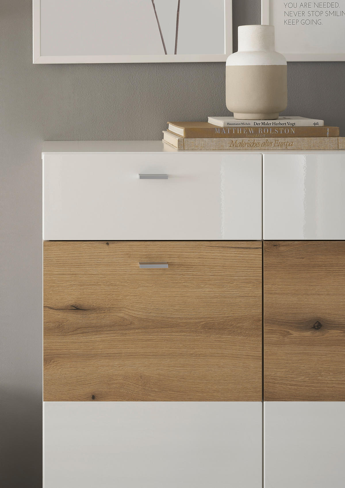 REGAL ZA DNEVNI BORAVAK bijela, boje hrasta, bijela visoki sjaj   - bijela/srebrne boje, Design, staklo/drvni materijal (310/195/40cm) - Carryhome