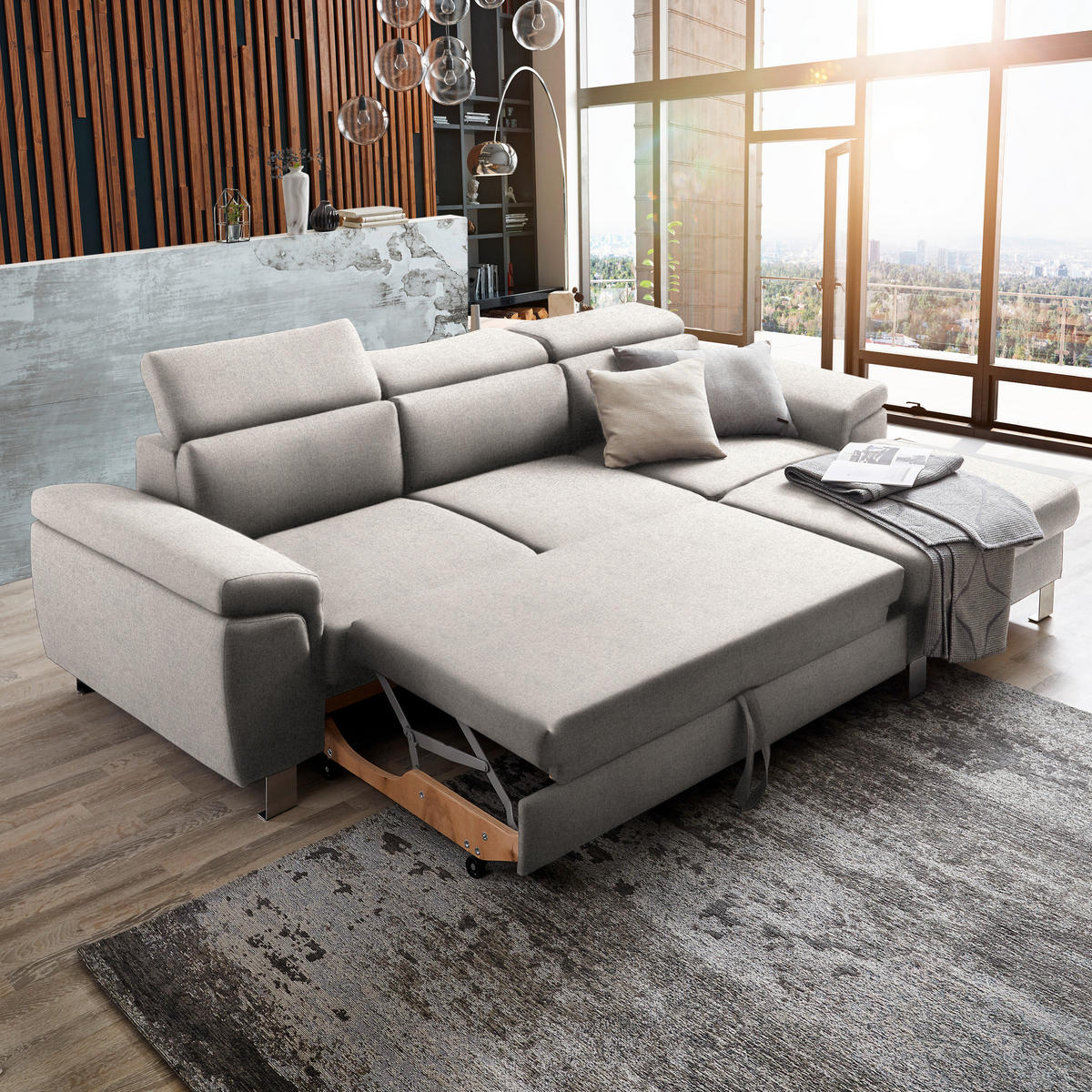ECKSOFA inkl. Funktionen Ecru Webstoff  - Ecru/Silberfarben, Design, Textil/Metall (250/167cm) - Xora