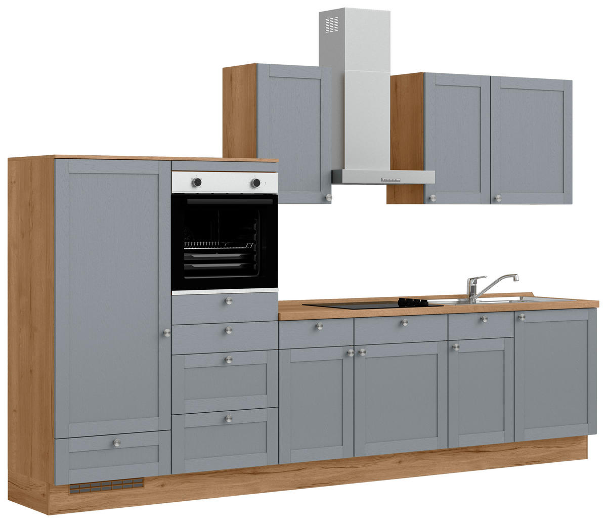 KÜCHENBLOCK Frame 330 cm  in Eichefarben, Blaugrau  - Edelstahlfarben/Eichefarben, MODERN, Holzwerkstoff/Metall (330cm) - Nobilia