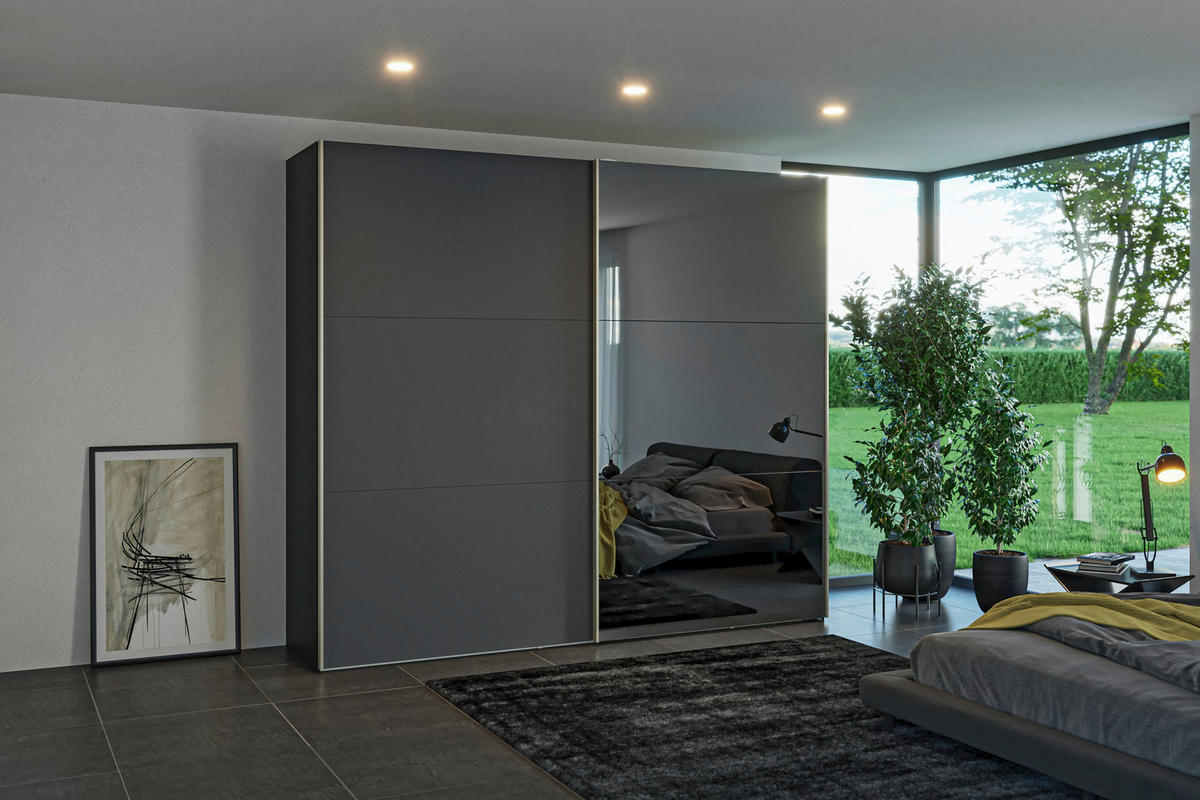 SCHWEBETÜRENSCHRANK 253/220/65 cm 2-türig Anthrazit, Schwarz  - Edelstahlfarben/Anthrazit, Design, Glas/Holzwerkstoff (253/220/65cm) - Jutzler