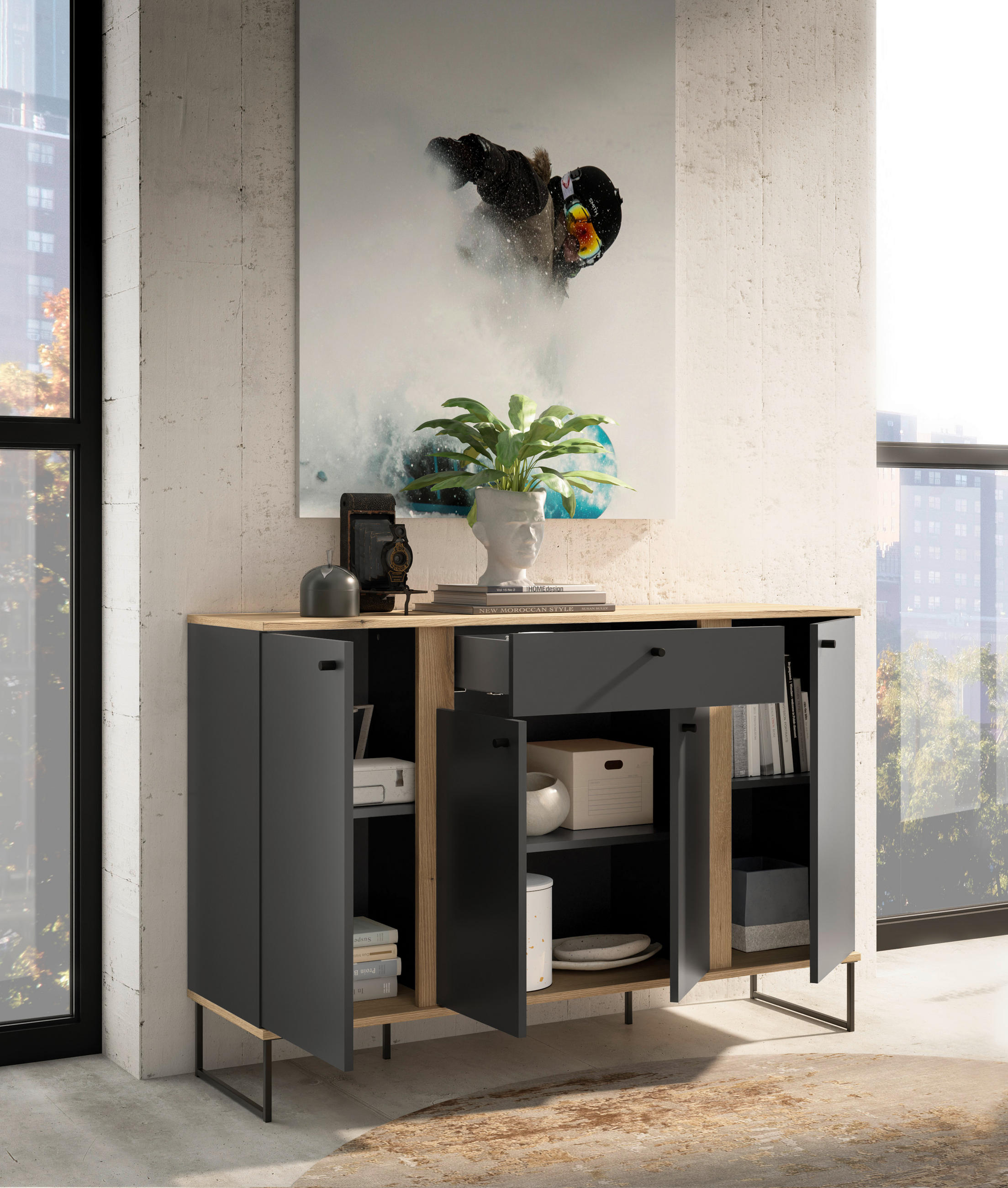SIDEBOARD 135/89/38 cm  in Anthrazit, Eichefarben  - Eichefarben/Anthrazit, Basics, Holzwerkstoff/Kunststoff (135/89/38cm) - Xora