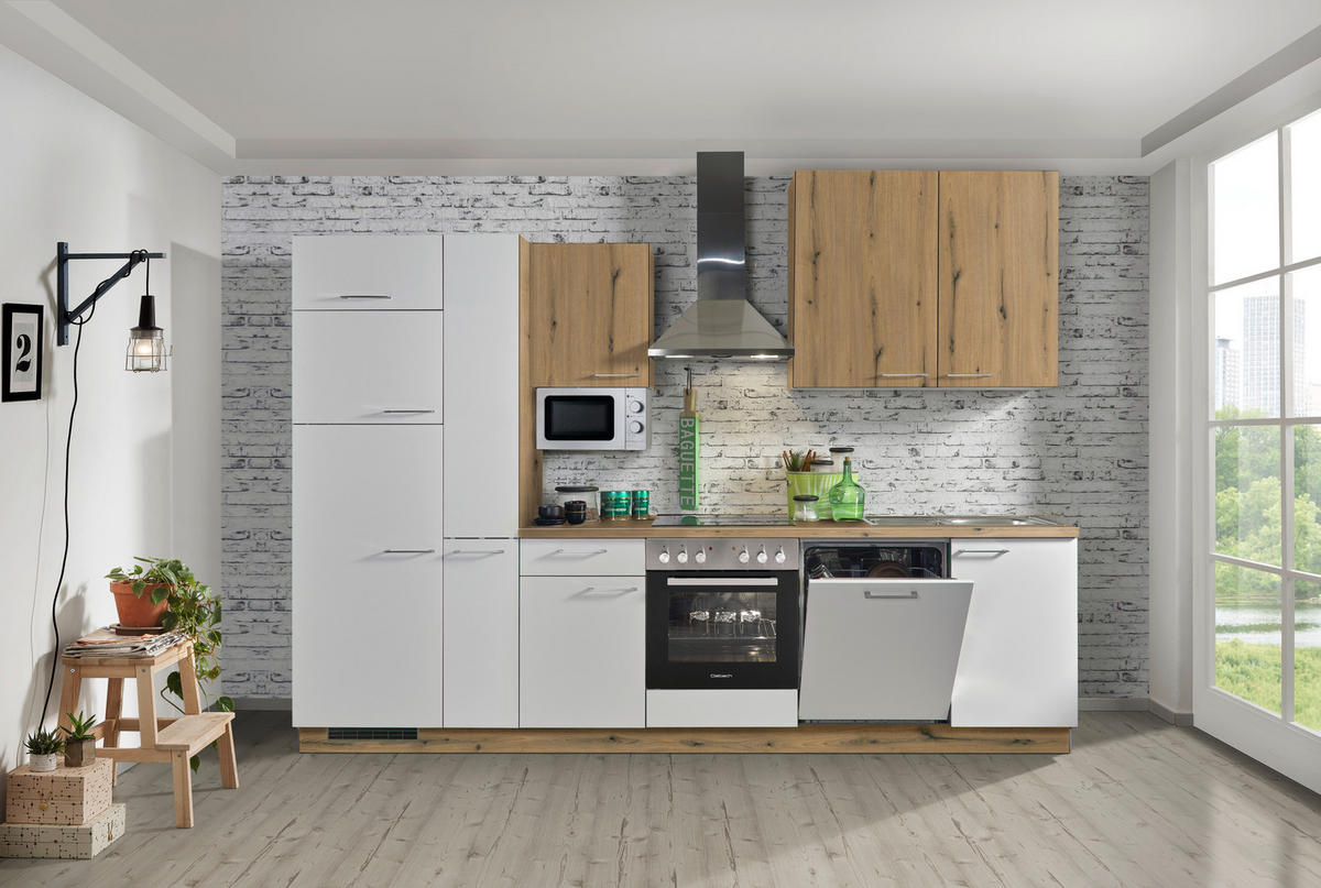 KÜCHENBLOCK 310 cm   in Weiß, Eichefarben  - Edelstahlfarben/Eichefarben, Design, Holzwerkstoff/Metall (310cm) - Welnova