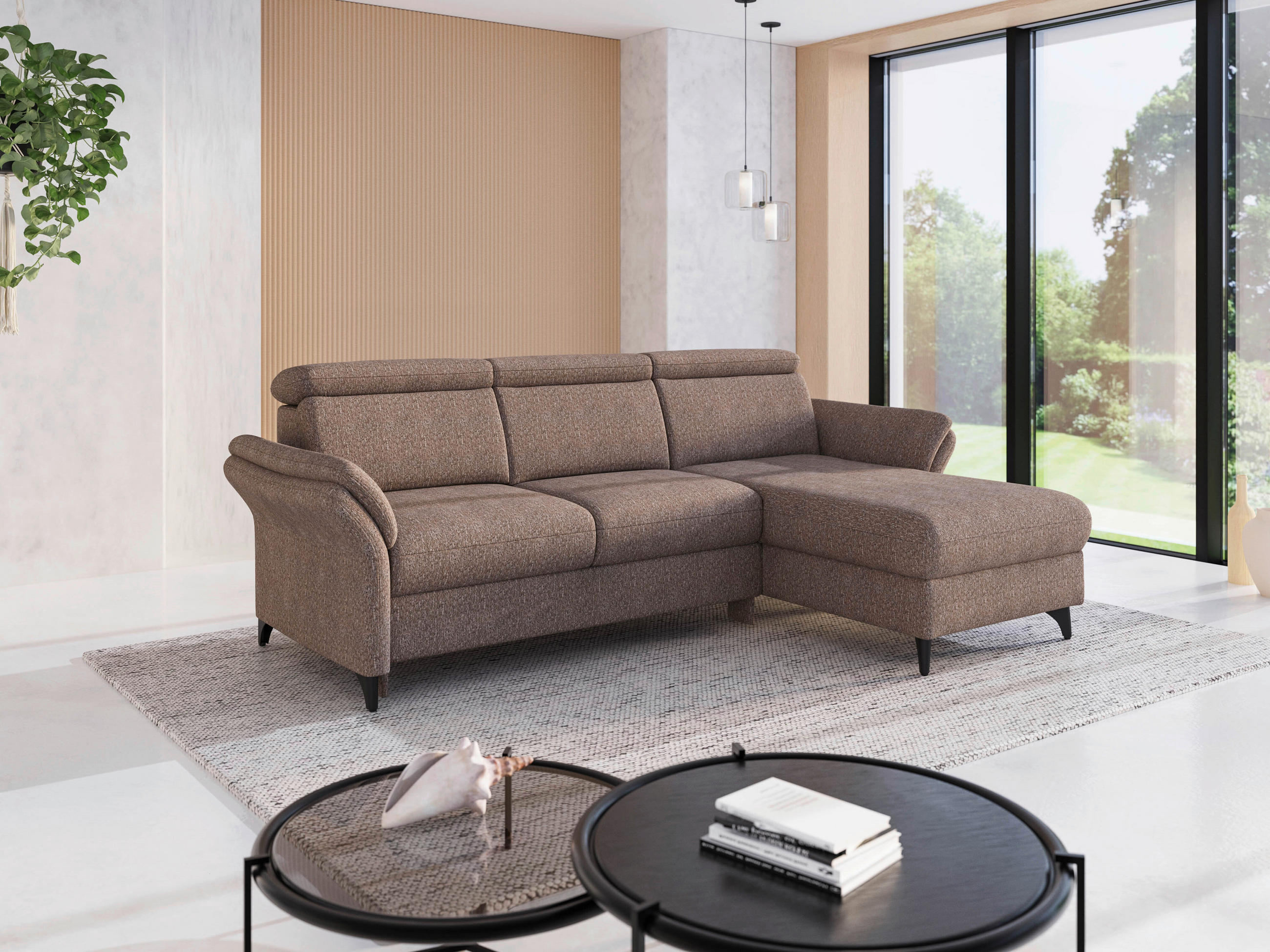 ECKSOFA Chenille Cappuccino  - Schwarz/Cappuccino, Konventionell, Textil/Metall (253/166cm) - Sit & More