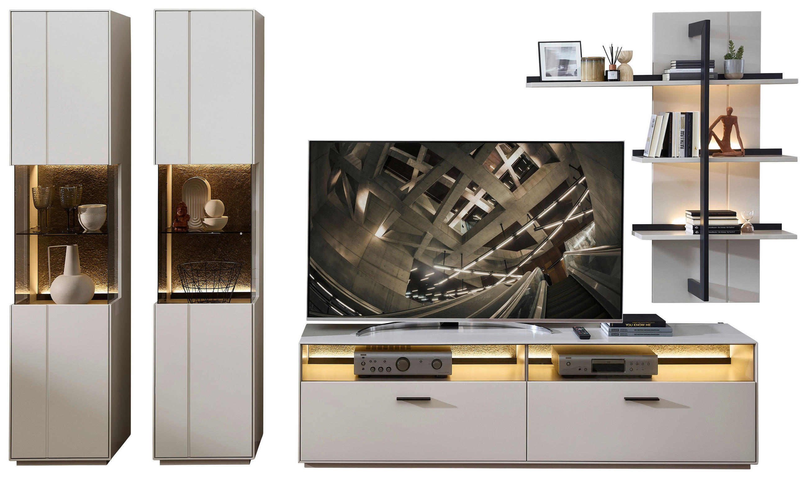 WOHNWAND 4-teilig  in Anthrazit, Hellgrau, Sahara 350/204/45 cm  - Anthrazit/Hellgrau, Design, Glas/Holzwerkstoff (350/204/45cm) - Novel