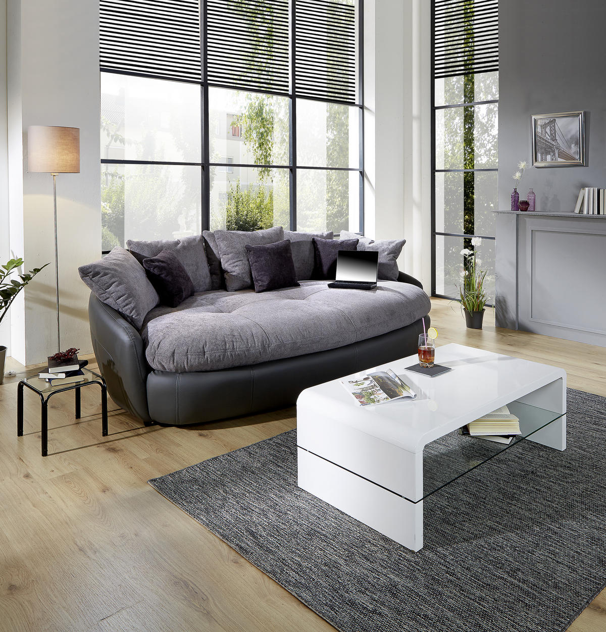 MEGASOFA in Lederlook, Mikrofaser Grau  - Schwarz/Grau, Lifestyle, Textil (238/80/140cm) - MID.YOU
