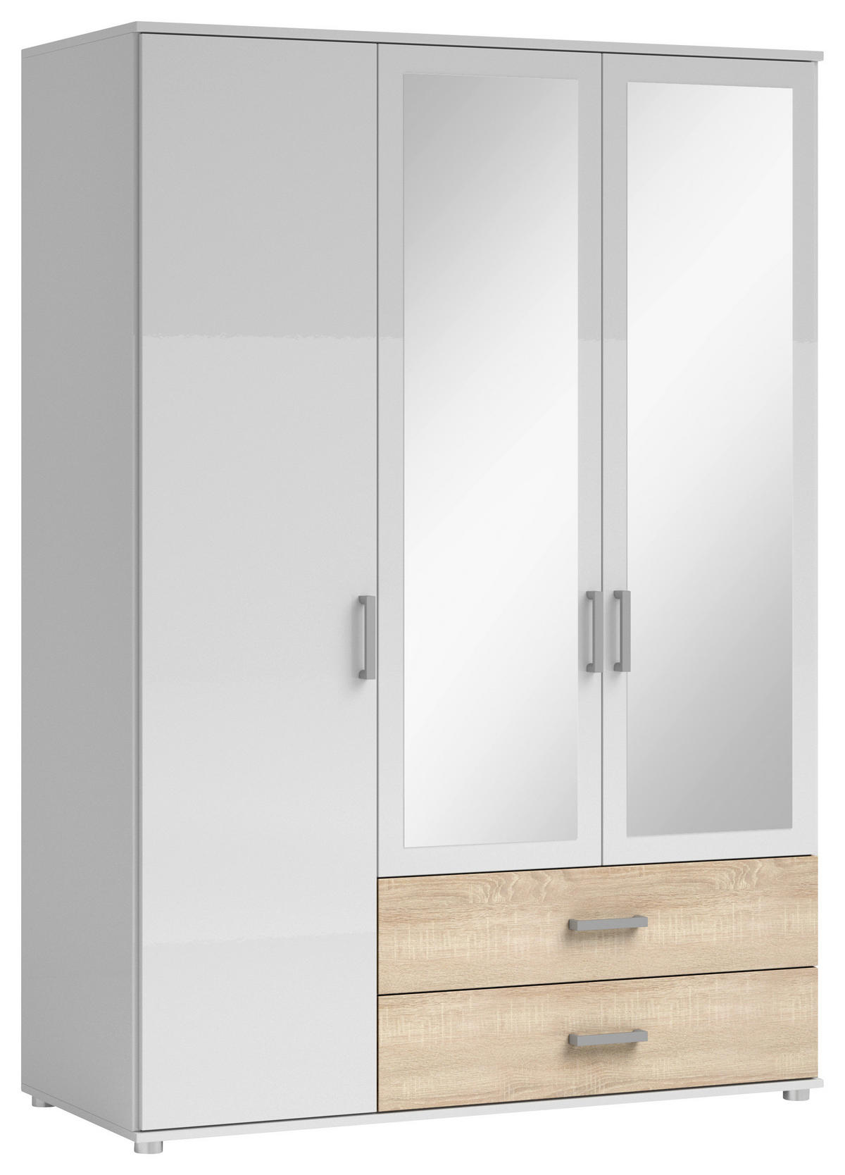 KLEIDERSCHRANK 125/190/51 cm 3-türig Weiß, Sonoma Eiche  - Silberfarben/Weiß, Basics, Glas/Holzwerkstoff (125/190/51cm) - Carryhome