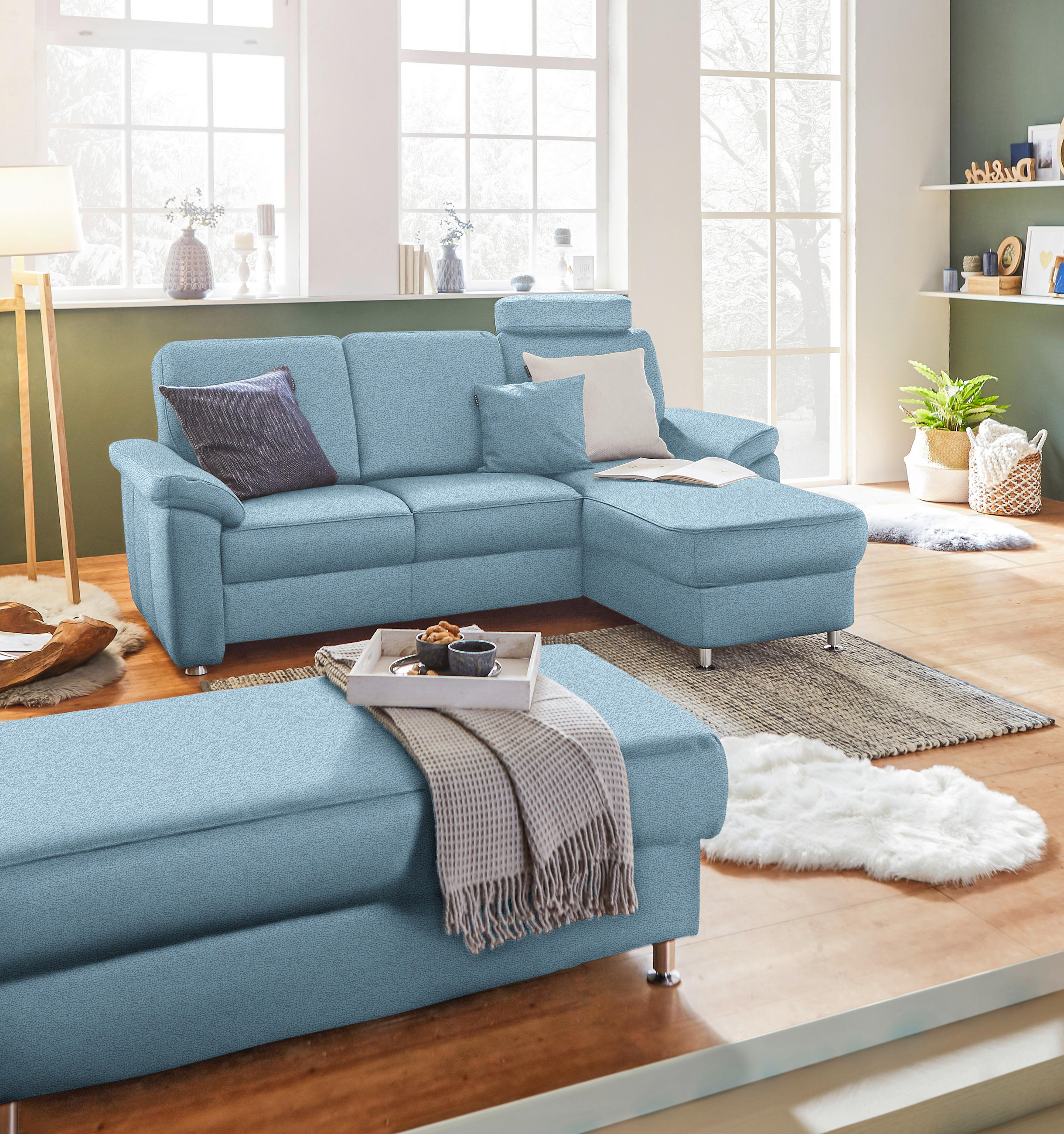 ECKSOFA in Webstoff Hellblau  - Chromfarben/Hellblau, Konventionell, Textil/Metall (220/163cm) - Beldomo System