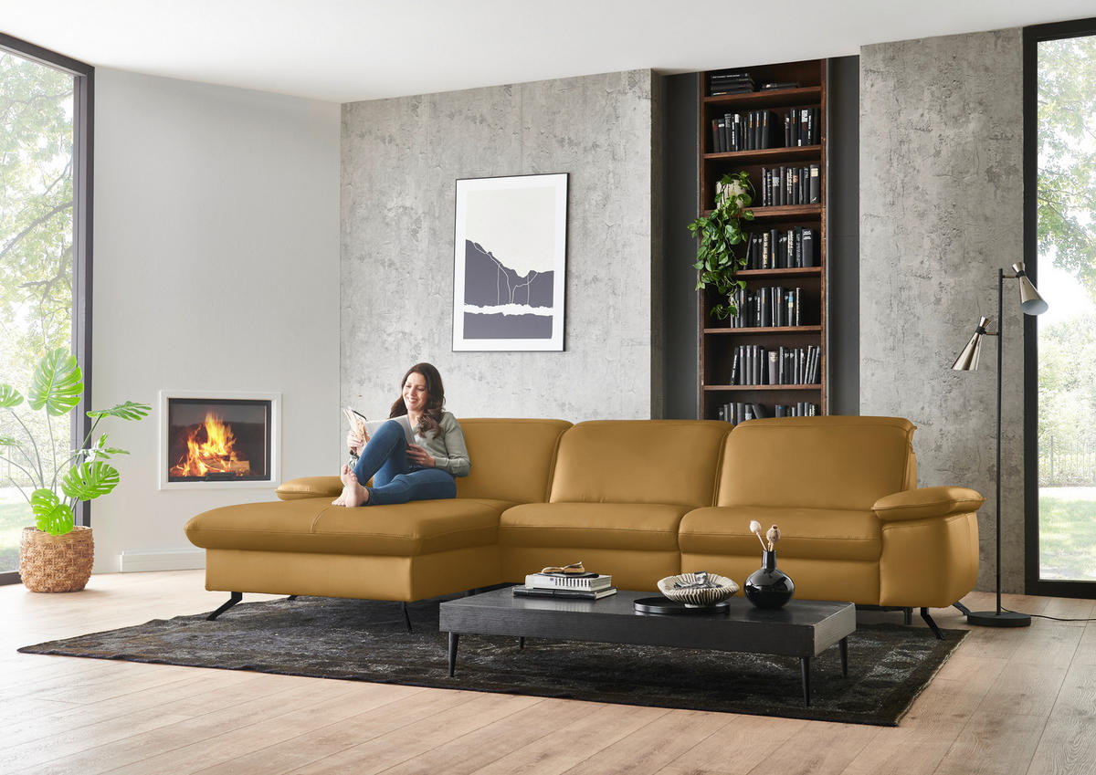 ECKSOFA  Echtleder Currygelb  - Currygelb/Schwarz, Design, Leder/Metall (169/307cm) - Beldomo Premium