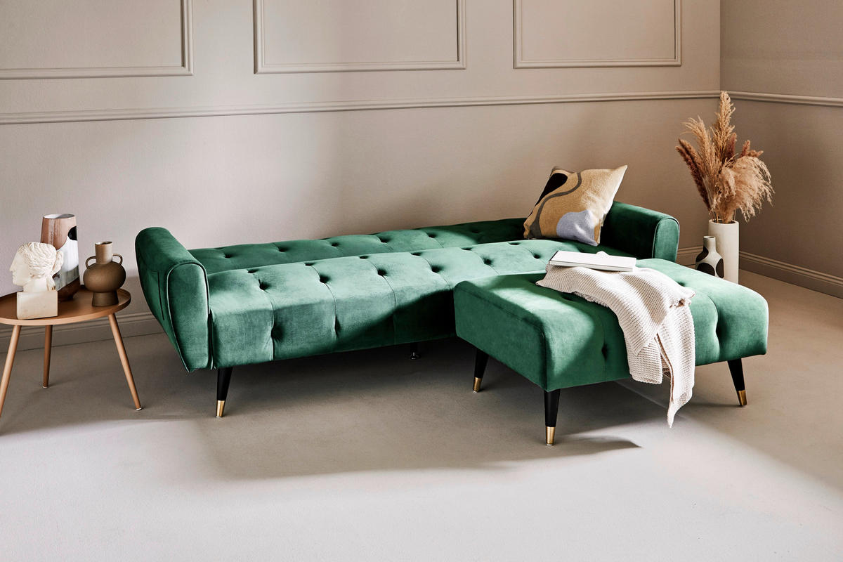 ECKSCHLAFSOFA CHILLAX DREAM CORNER EU Grün Samt  - Goldfarben/Schwarz, MODERN, Holz/Textil (213/153/173cm) - Livetastic