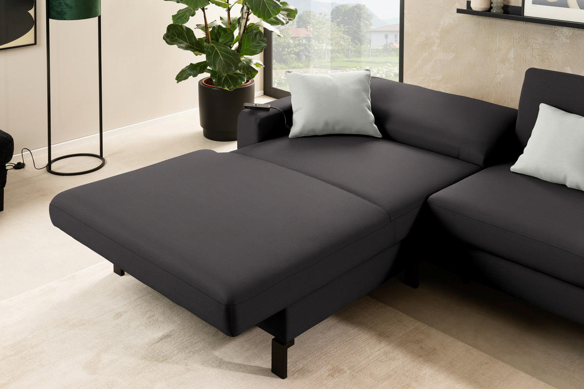 ECKSOFA  in Cord Dunkelbraun Rücken echt, Sitztiefenverstellung  185/298 cm  - Dunkelbraun/Schwarz, Design, Textil/Metall (185/298cm) - Pure Home Lifestyle