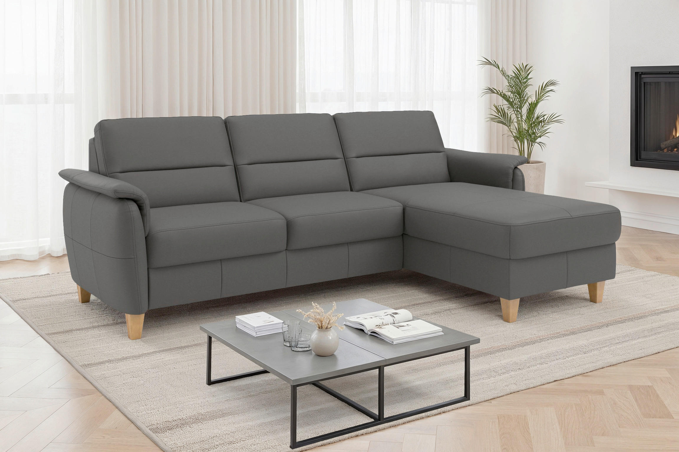 ECKSOFA PALMERA E in Echtleder Mokka  244/163 cm  - Eichefarben/Mokka, Basics, Leder/Holz (244/163cm) - Sit & More