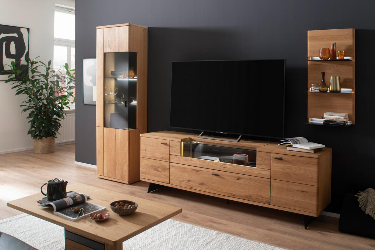 WOHNWAND 3-teilig  in Wildeiche 305/209/50 cm  - Wildeiche/Anthrazit, Natur, Glas/Holz (305/209/50cm) - Linea Natura