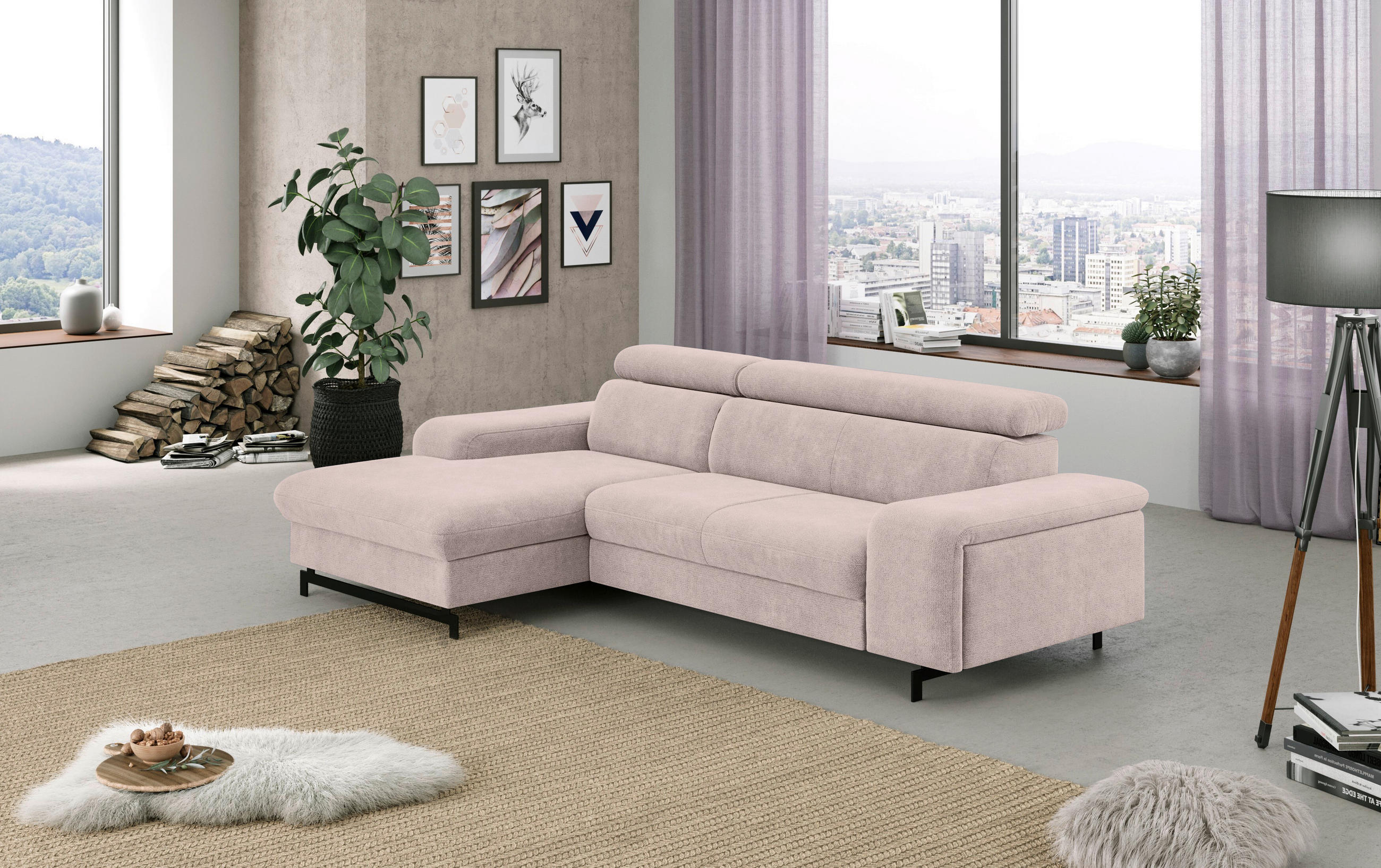 Ecksofa mit Bettkasten Emma in Chenille Creme  - Creme/Schwarz, Textil/Metall (165/267cm) - MID.YOU