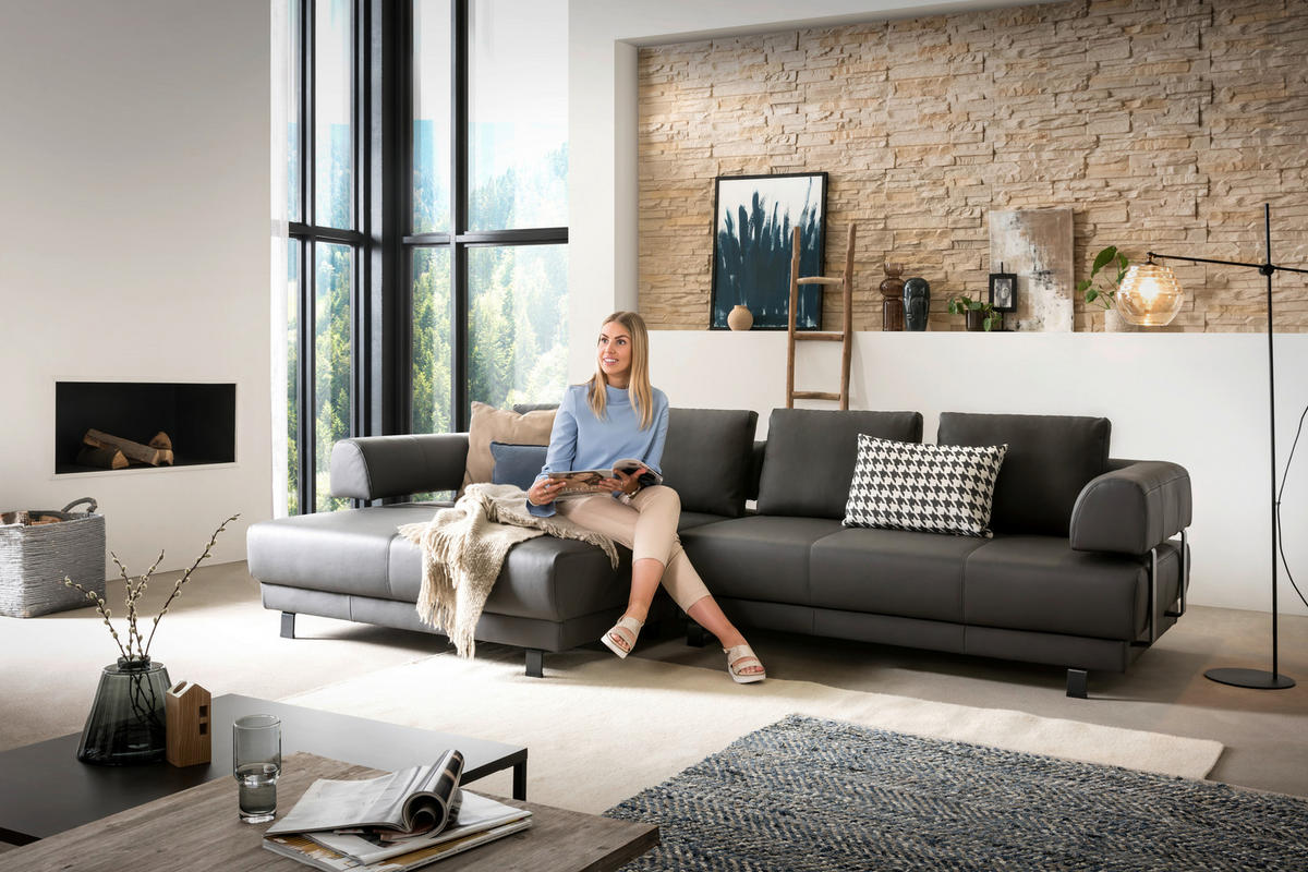 ECKSOFA in Echtleder Schieferfarben  - Schieferfarben/Schwarz, Design, Leder/Metall (188/307cm)