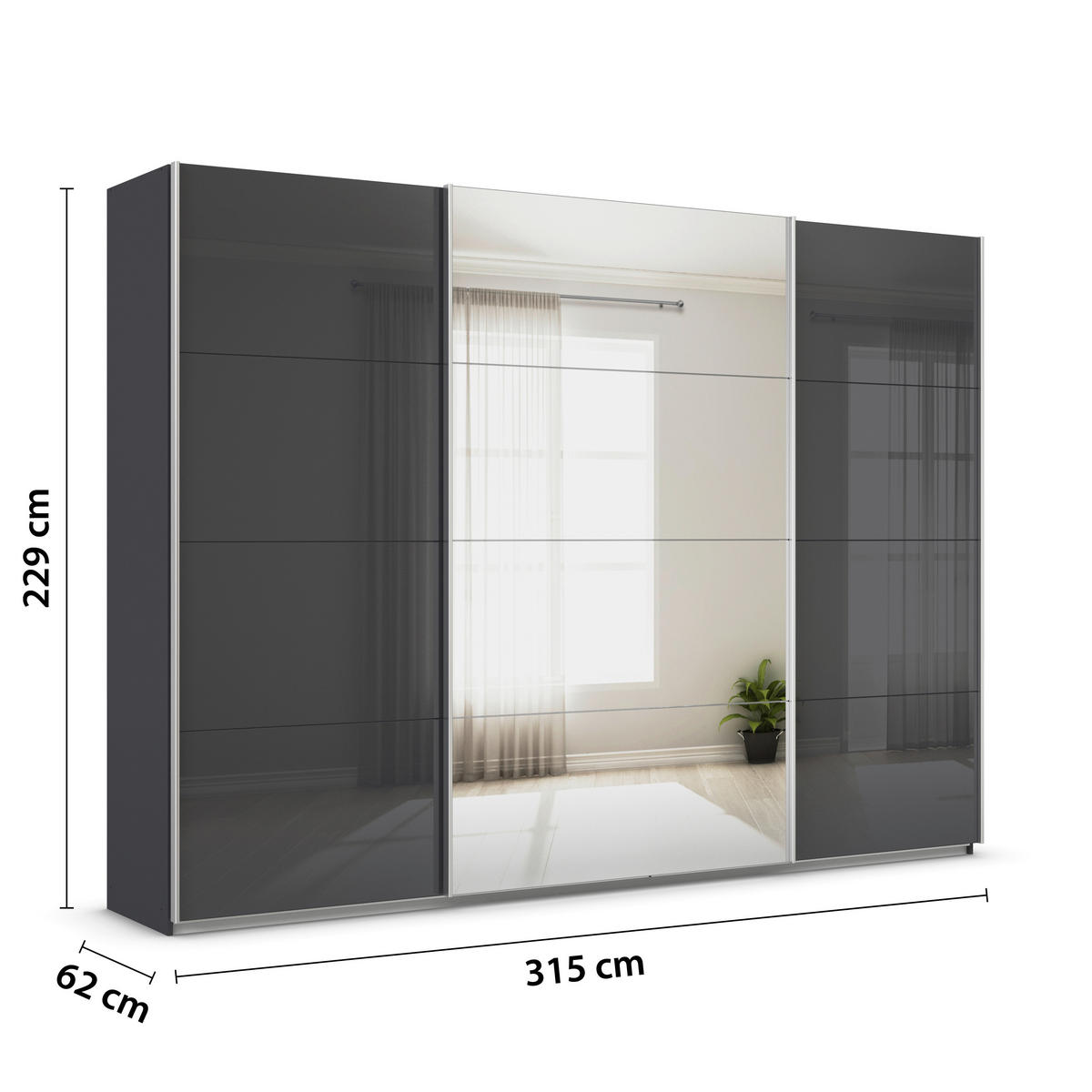 SCHWEBETÜRENSCHRANK  in Dunkelgrau  - Dunkelgrau/Alufarben, KONVENTIONELL, Glas/Holzwerkstoff (315/229/62cm) - Xora