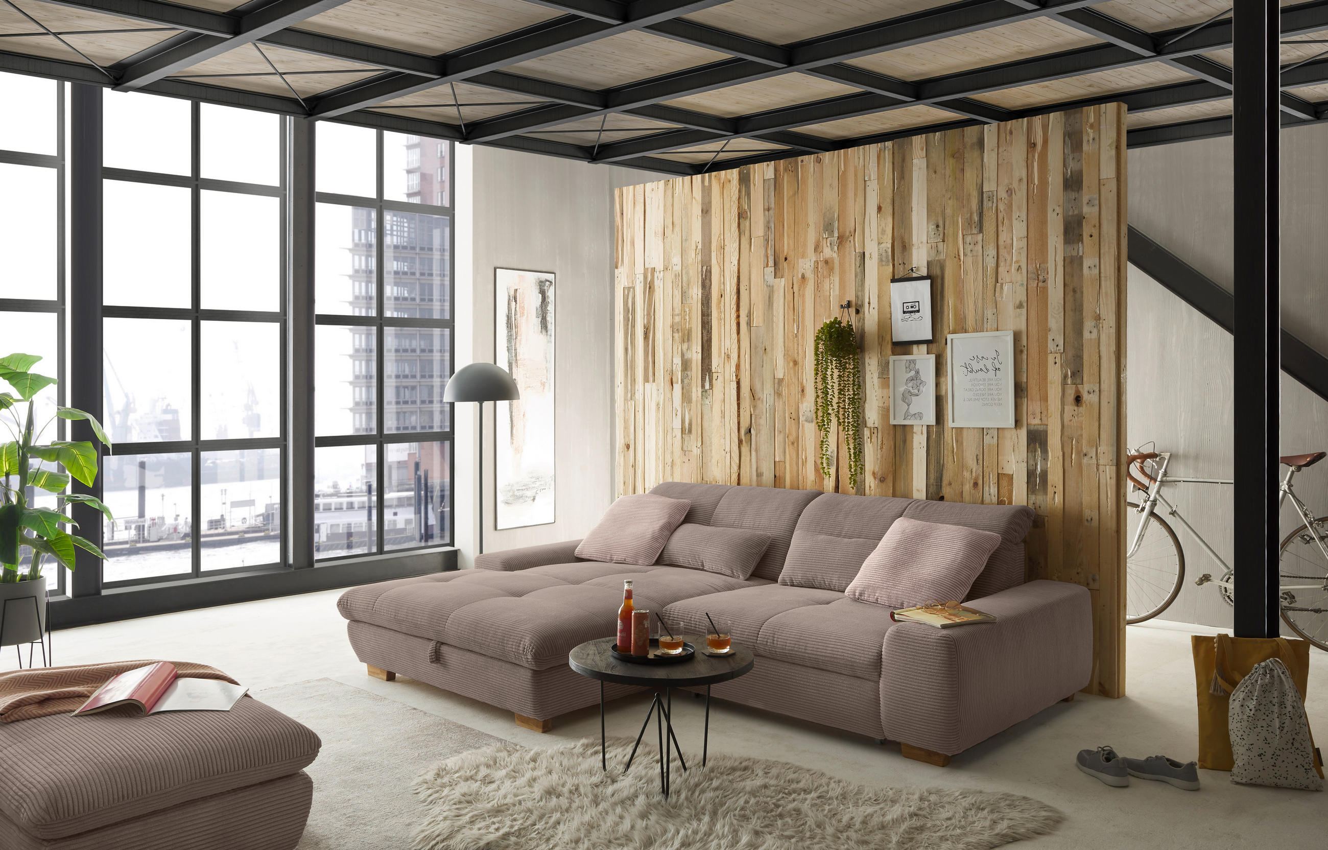 Thumbnail - SetOne by Musterring Ecksofa, Greige, Textil, Eiche, massiv, 2-Sitzer, Ottomane links, L-Form, 276x198 cm, Bettkasten er...