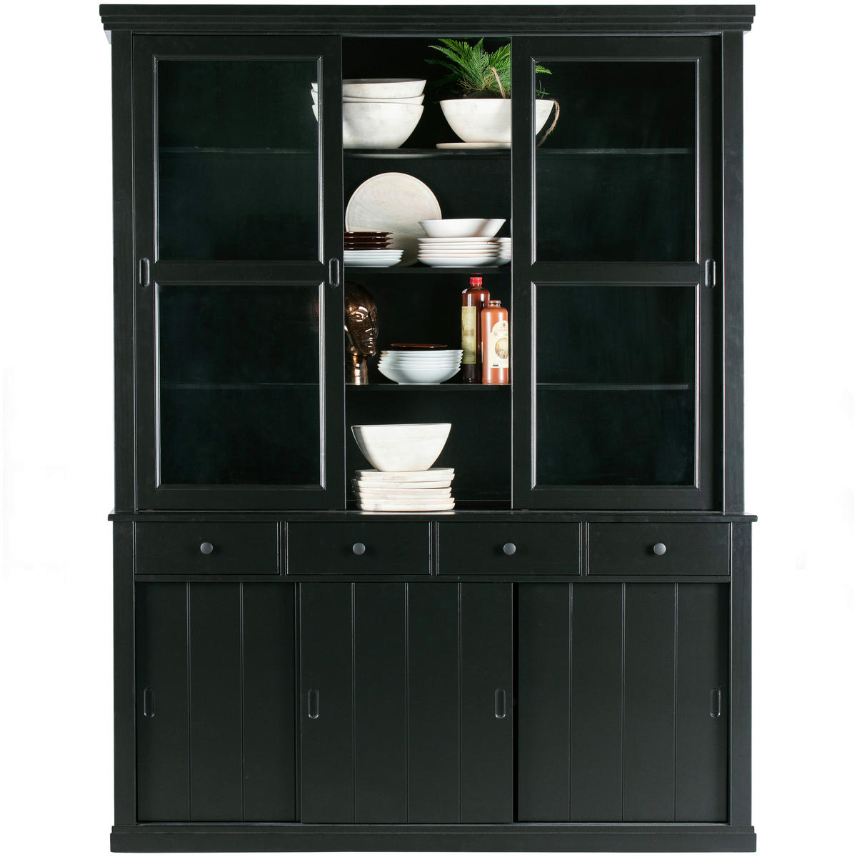 VITRINE  in vollmassiv Kiefer Schwarz  - Schwarz, Design, Glas/Holz (166/214/48cm) - Livetastic