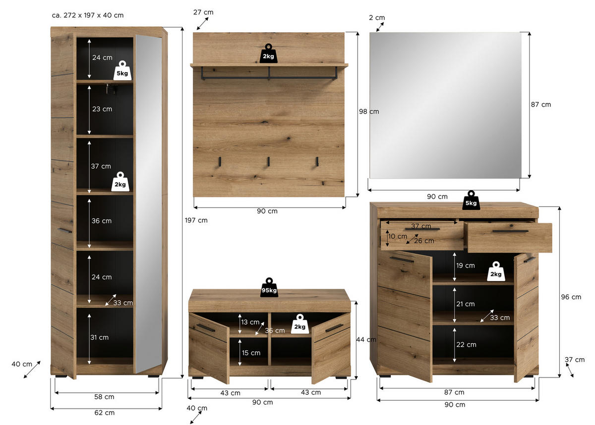 GARDEROBE 5-teilig  in 272/197/40 cm  - Eiche dunkel, Design, Holzwerkstoff (272/197/40cm) - Livetastic