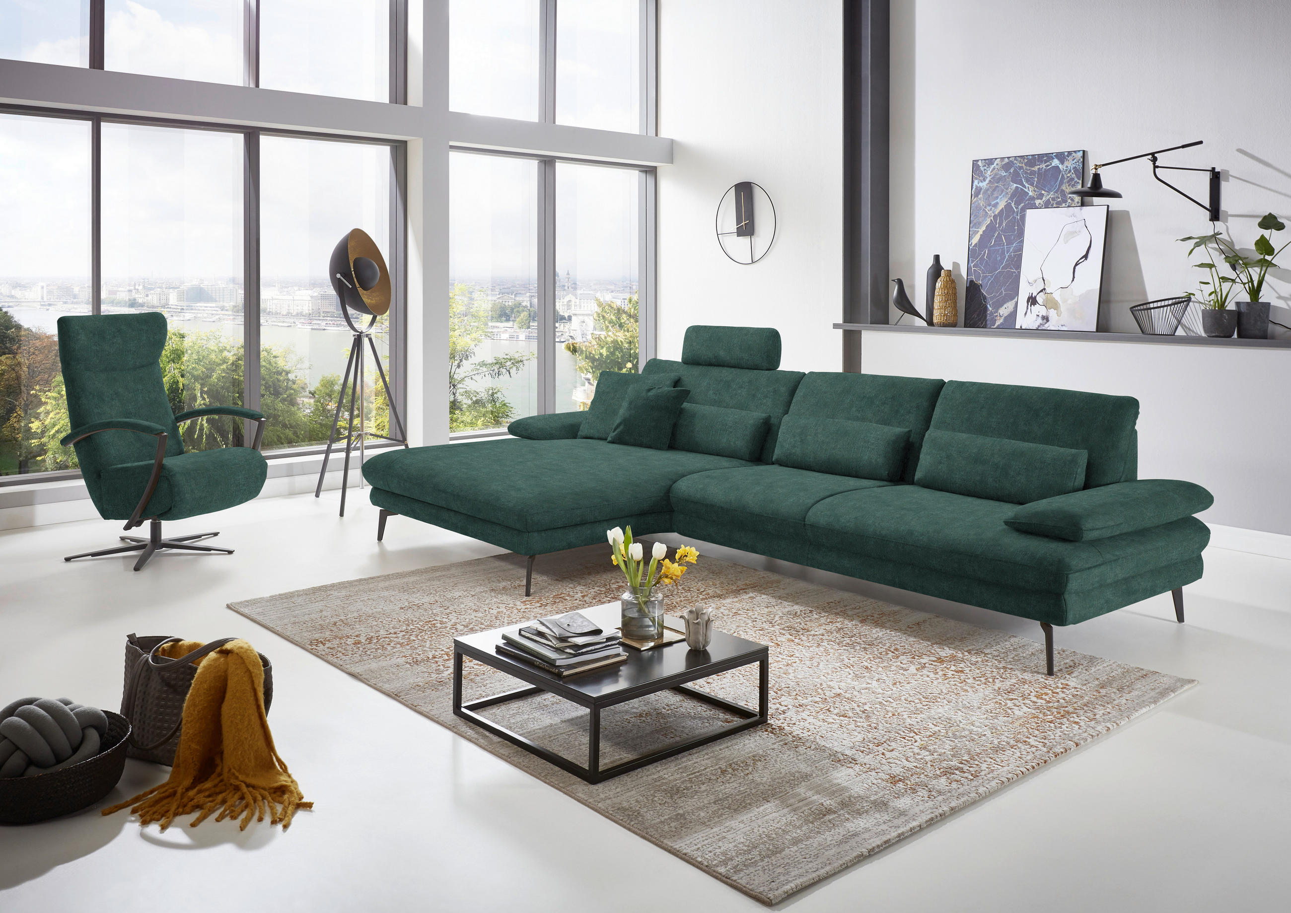 ECKSOFA in Velours Blau, Grün - Blau/Schwarz, Design, Textil/Metall (180/310cm) - Dieter Knoll