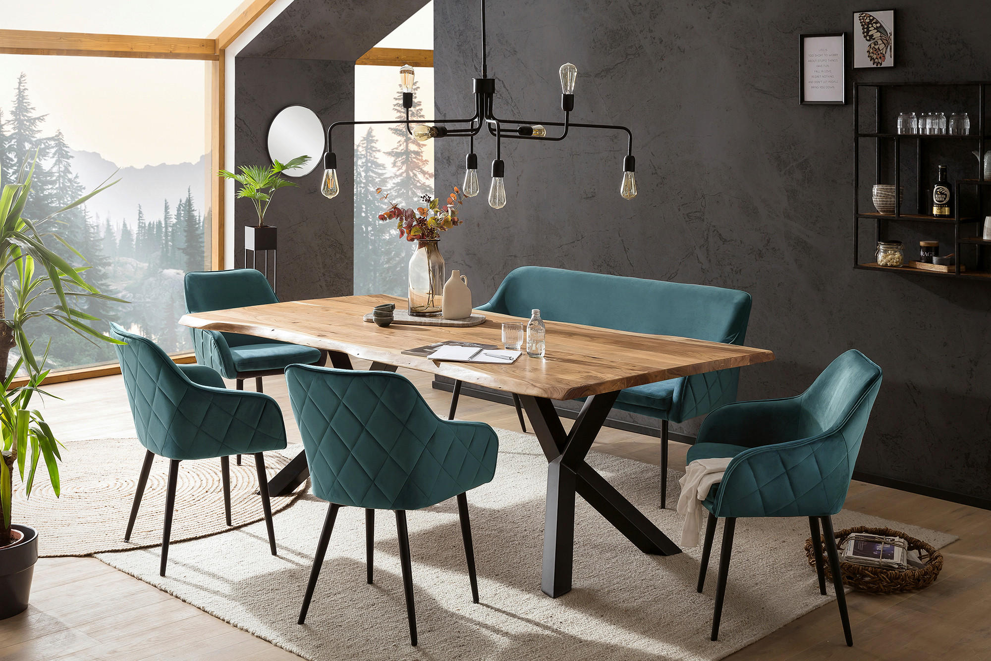 TISCHGRUPPE   - Waldgrün/Naturfarben, MODERN, Holz/Textil (200/100/76,5cm) - Livetastic