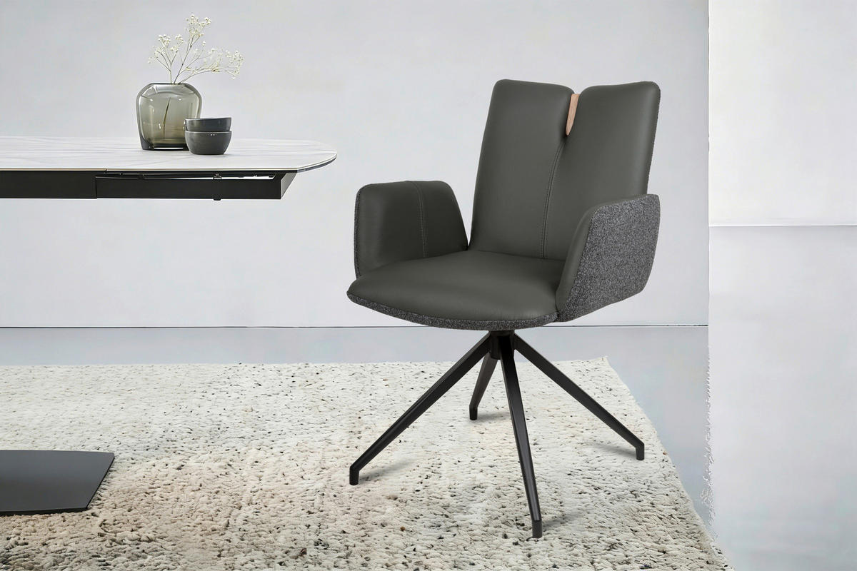 ARMLEHNSTUHL  Sitzfläche 360° drehbar, automatische Rückholfunktion Bouclé Echtleder  - Anthrazit/Schwarz, Design, Leder/Holz (62/87/63cm) - Valnatura