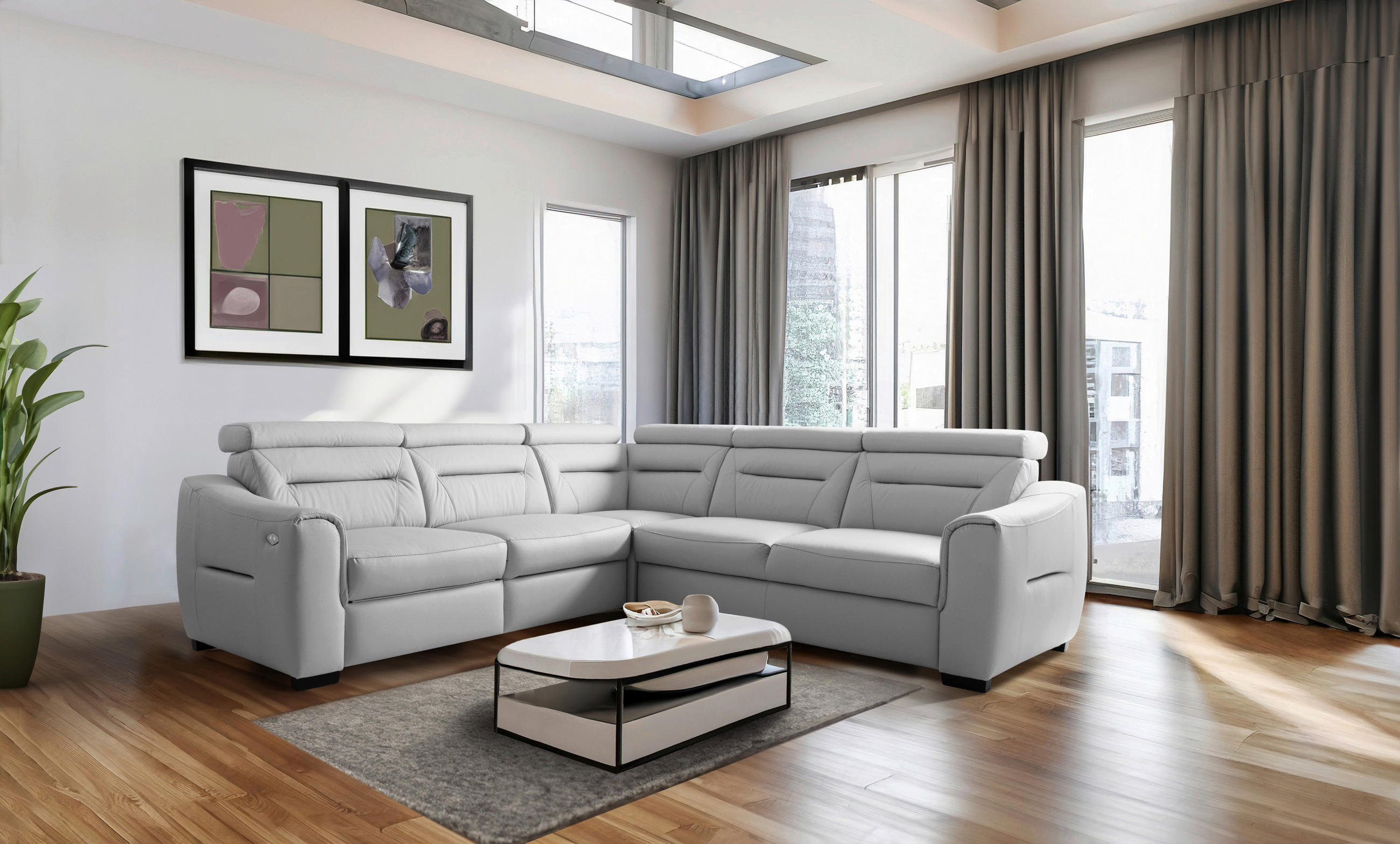 ECKSOFA  in Lederlook Echtleder Platinfarben  - Platinfarben/Wengefarben, Design, Leder/Holz (260/260cm) - Celina Home