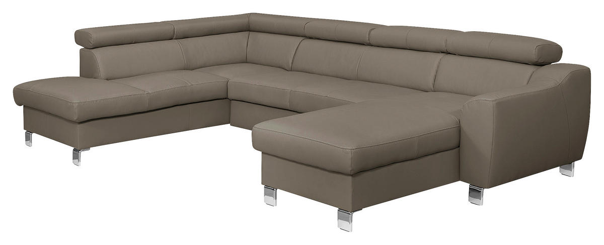 WOHNLANDSCHAFT in Lederlook Echtleder Taupe  - Taupe/Chromfarben, Design, Leder/Textil (208/315/175cm) - Livetastic