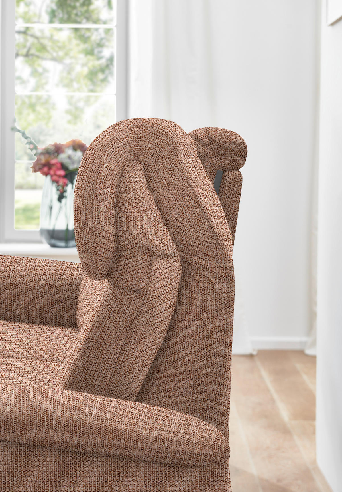 TRAPEZSOFA Flachgewebe Aprikose Rücken echt, Ablage  - Aprikose/Schwarz, KONVENTIONELL, Textil/Metall (219/107/97cm) - Pure Home Comfort