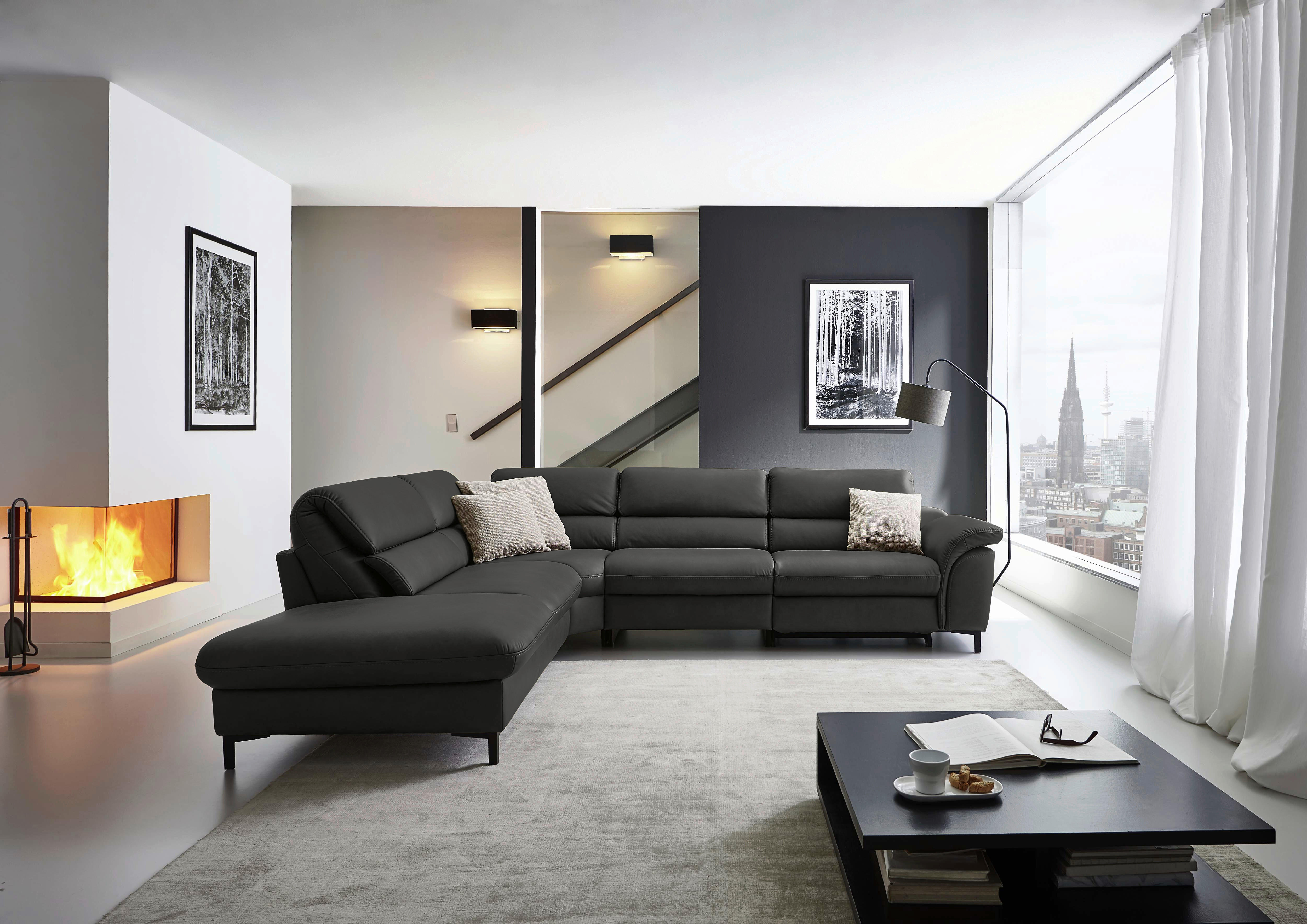 ECKSOFA in Echtleder Schwarz  - Schwarz, Design, Leder/Metall (246/280cm) - Hukla