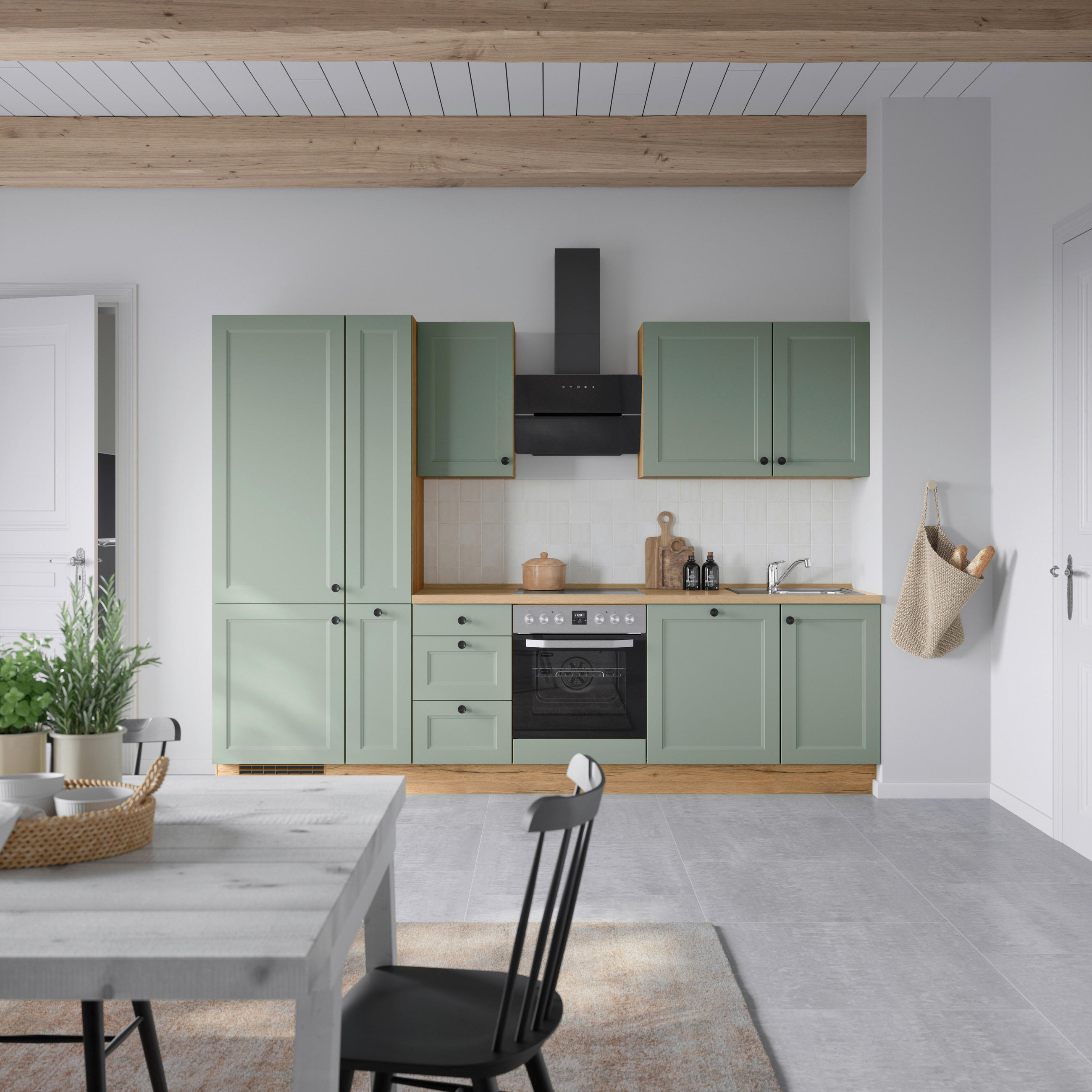 KÜCHENBLOCK 300 cm   in Eichefarben, Schilfgrün  - Schilfgrün/Eichefarben, MODERN, Holzwerkstoff/Metall (300cm) - Nobilia