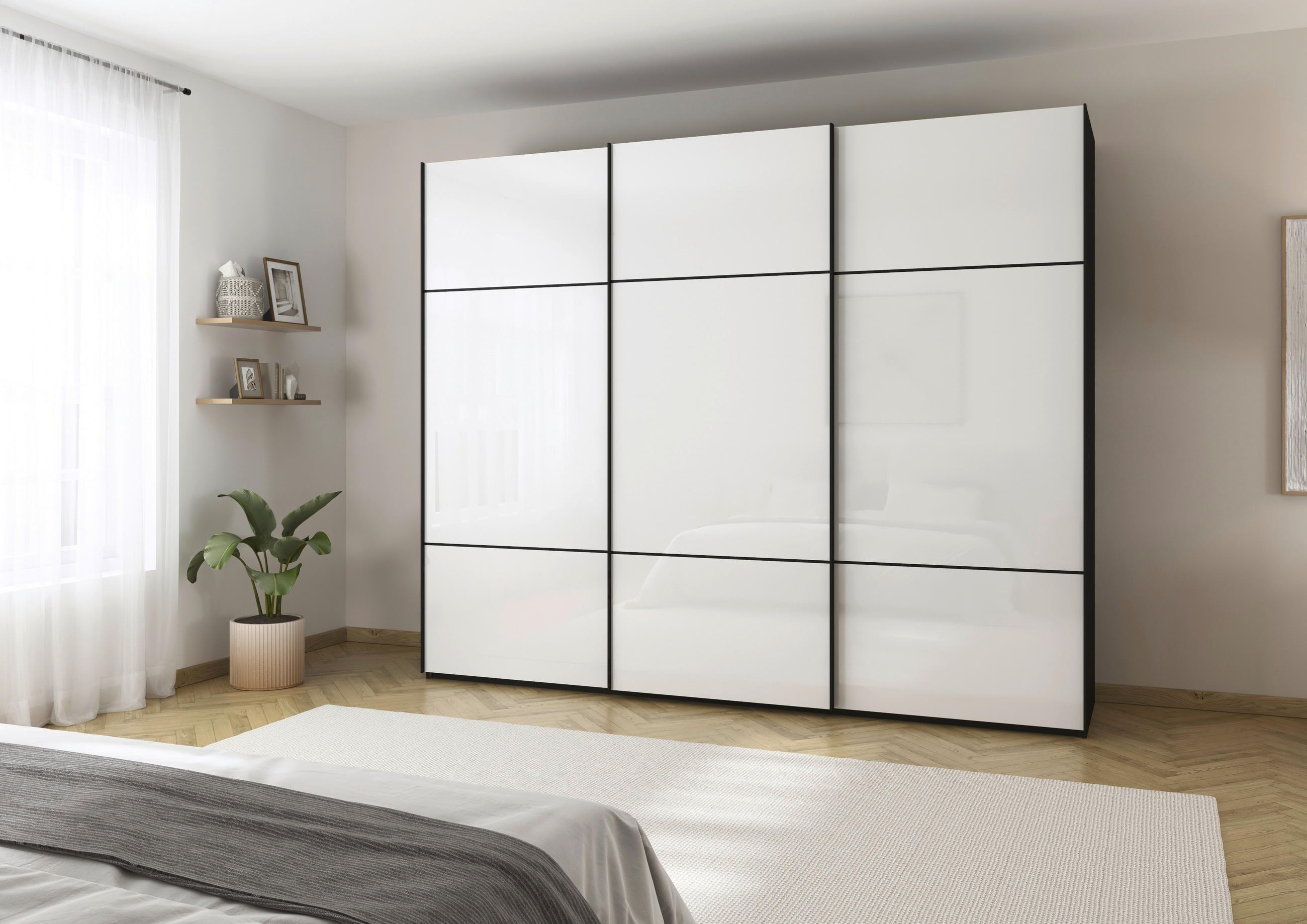 SCHWEBETÜRENSCHRANK in Schwarz, Weiss  - Weiss/Schwarz, Konventionell, Glas/Holzwerkstoff (301/223/68cm) - Novel