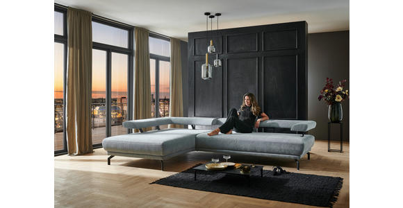 ECKSOFA Fino in Chenille Hellblau Rückenkissen, Rücken echt, Sitztiefenverstellung  224/305 cm  - Schwarz/Hellblau, Design, Textil/Metall (224/305cm) - Dieter Knoll