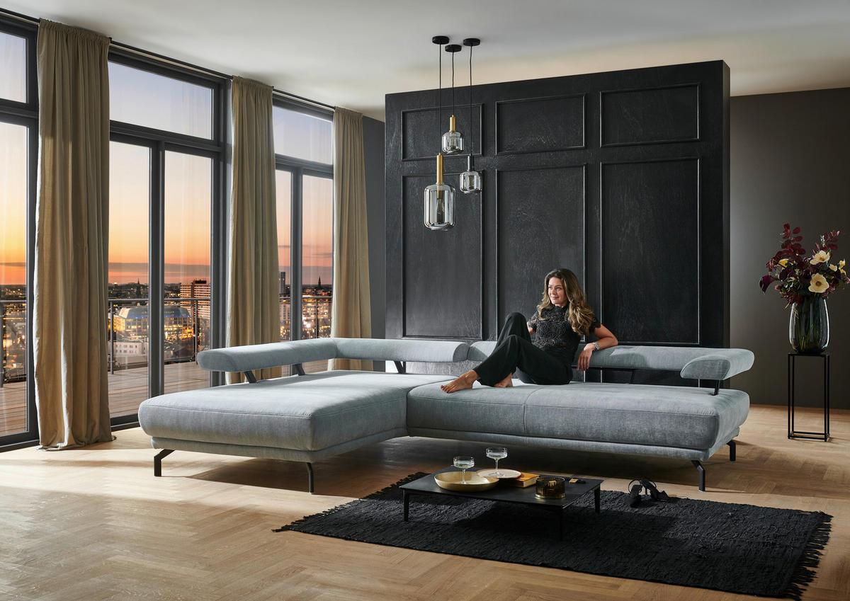 ECKSOFA Fino in Chenille Hellblau  224/305 cm  - Schwarz/Hellblau, Design, Textil/Metall (224/305cm) - Dieter Knoll