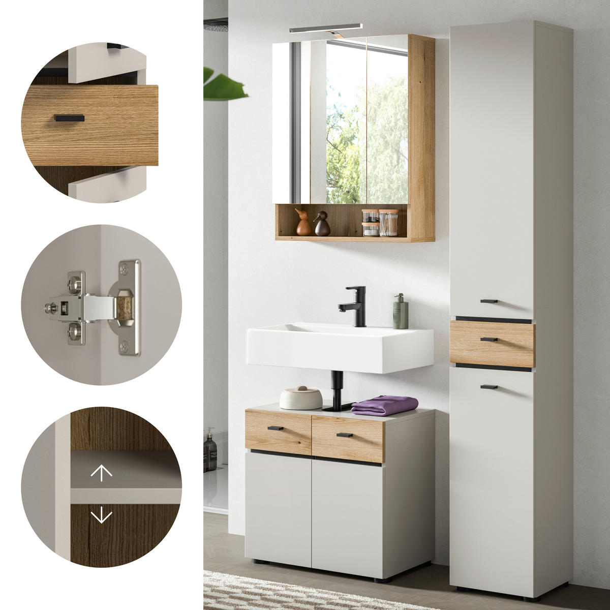 BADEZIMMER 3-teilig  in 92 cm  - Kaschmir/Eichefarben, Trend, Glas/Holzwerkstoff (92cm) - MID.YOU