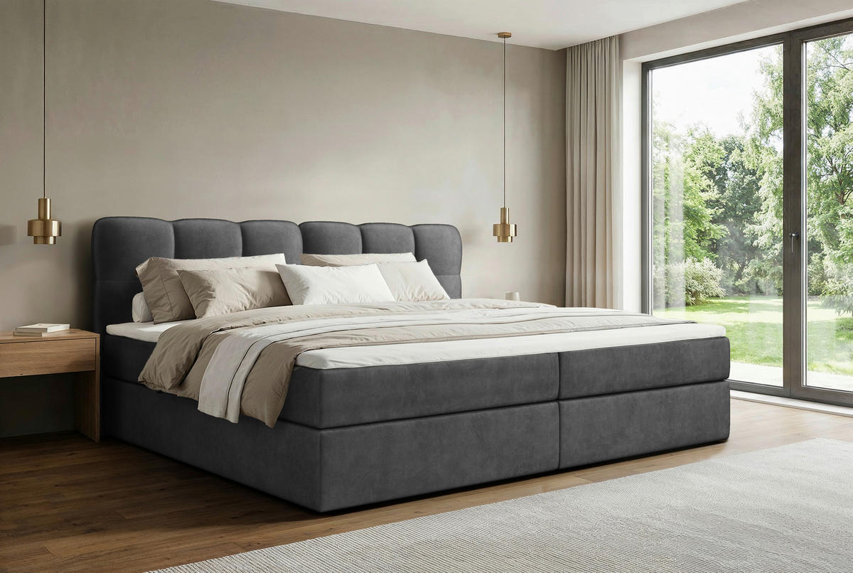 BOXBETT 240/200 cm,  in Anthrazit, Matratze, Bettkasten, Topper, H3 = fest  - Anthrazit/Schwarz, KONVENTIONELL, Kunststoff/Textil (240/200cm) - Chameo