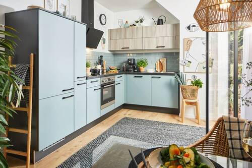 ECKKÜCHE 305/185 cm  in Eichefarben, Pastellblau  - Pastellblau/Eichefarben, Design, Holzwerkstoff/Metall (305/185cm) - Xora