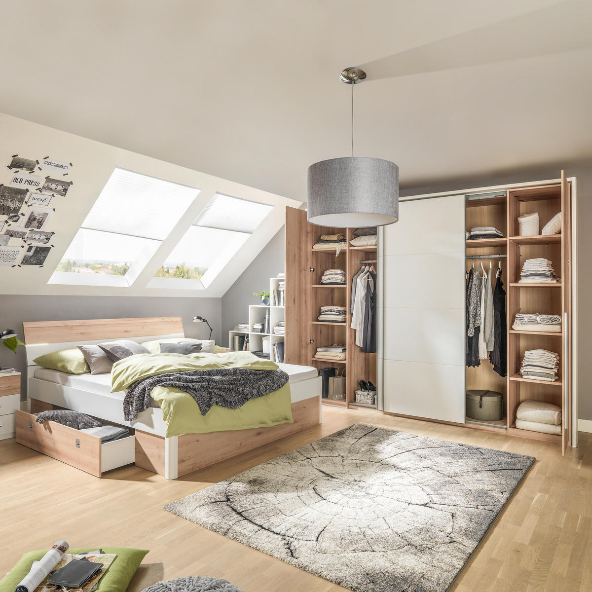 OMARA ZA OBLAČILA, bela, barve bukve  - bela/barve aluminija, Design, umetna masa/leseni material (270/225/61cm) - Ti'me