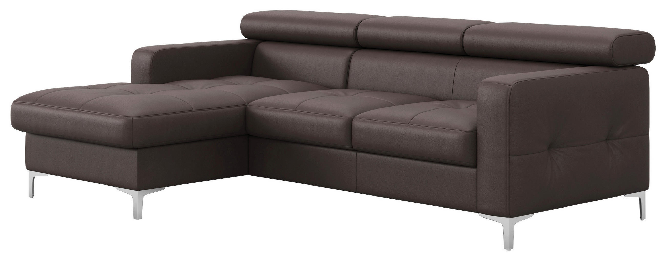 ECKSOFA Graubraun Echtleder Bettkasten, Schlaffunktion, Rücken echt, Kopfteilverstellung, Kopfstütze  - Chromfarben/Graubraun, Design, Leder/Metall (168/227cm) - Livetastic