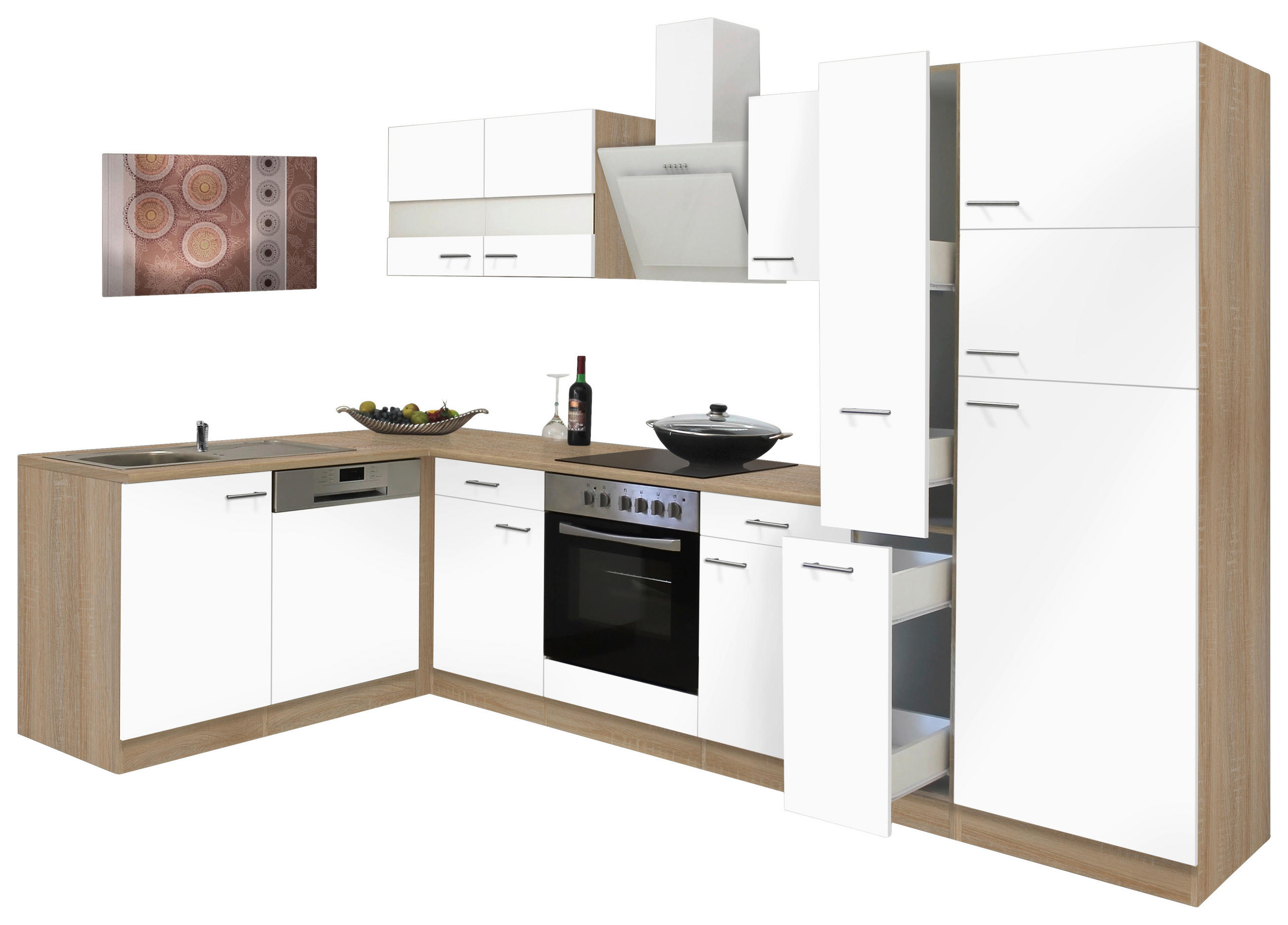 ECKKÜCHE 172/310 cm  in Weiß, Eichefarben  - Eichefarben/Weiß, Basics, Glas/Holzwerkstoff (172/310cm) - Respekta