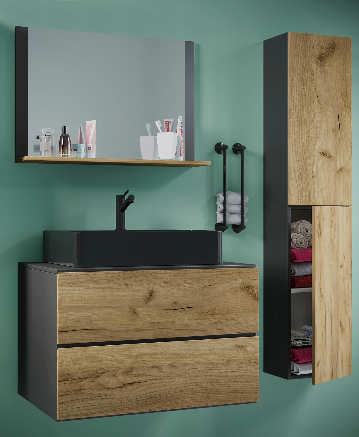 BADEZIMMER 4-teilig  in 94 cm  - Honigeiche/Anthrazit, MODERN, Glas/Keramik (94cm) - MID.YOU