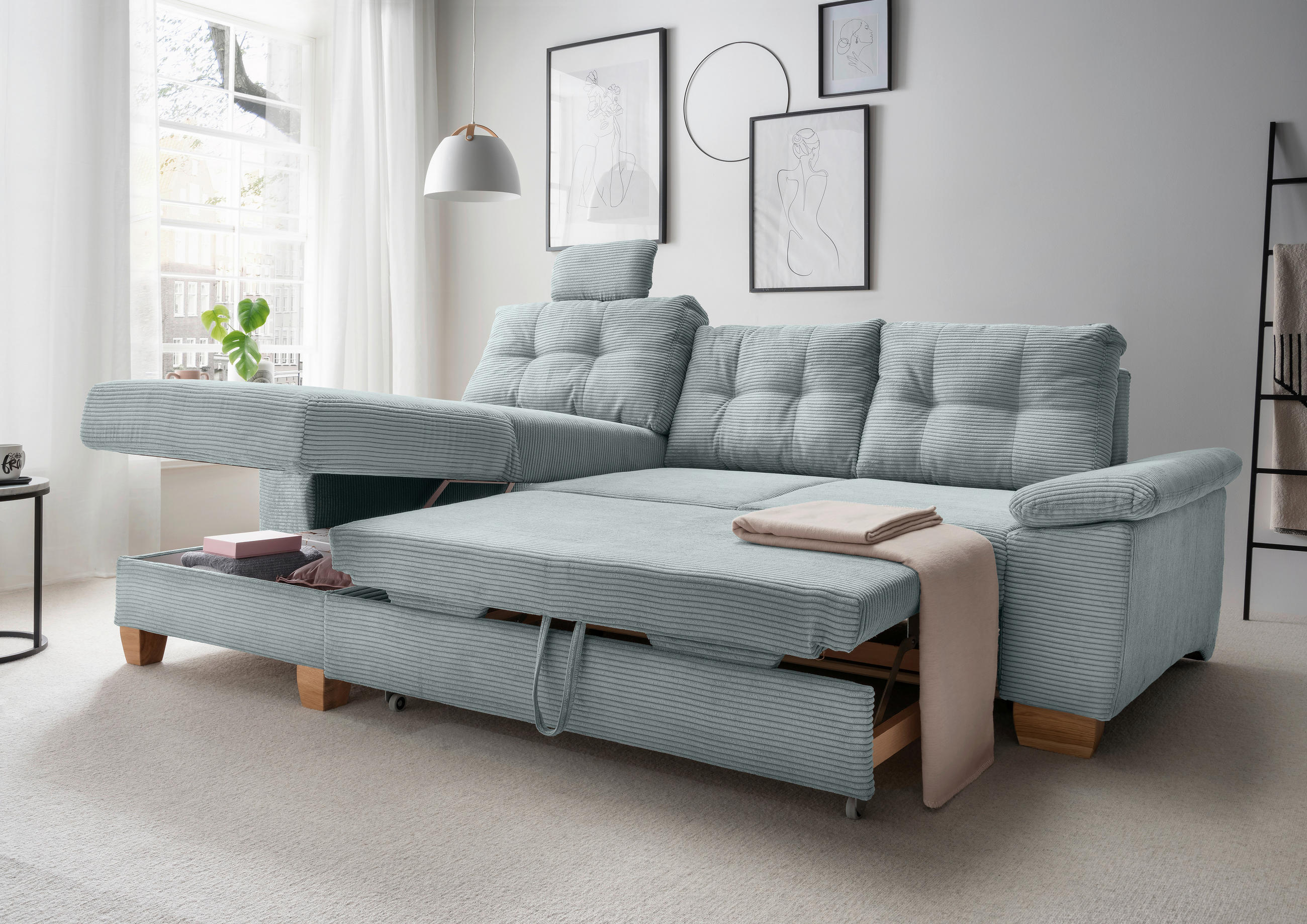 ECKSOFA in Cord Hellblau  - Naturfarben/Hellblau, Modern, Holz/Textil (176/270cm) - Livetastic