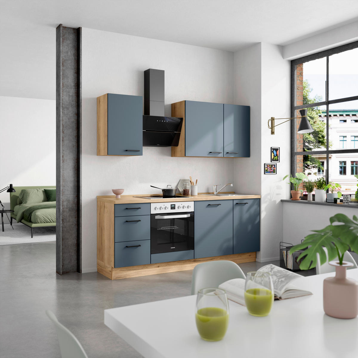 KÜCHENBLOCK Easytouch 210 cm  in Eichefarben, Dunkelblau  - Eichefarben/Schwarz, MODERN, Holzwerkstoff/Metall (210cm) - Nobilia