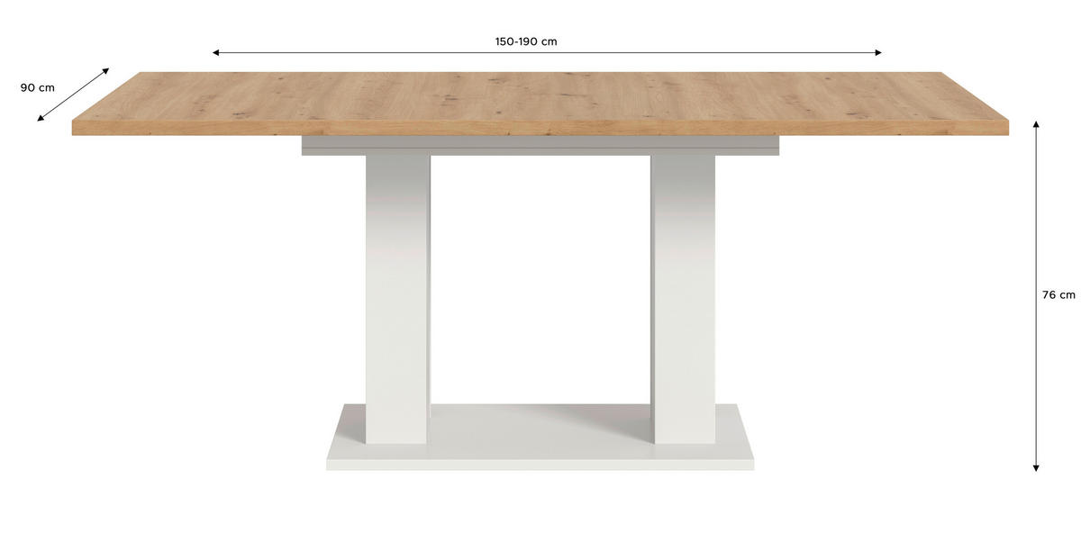 AUSZIEHTISCH Eiche Artisan rechteckig  ausziehbar  - Weiß/Eiche Artisan, KONVENTIONELL, Holzwerkstoff (150-190/90/76cm) - MID.YOU