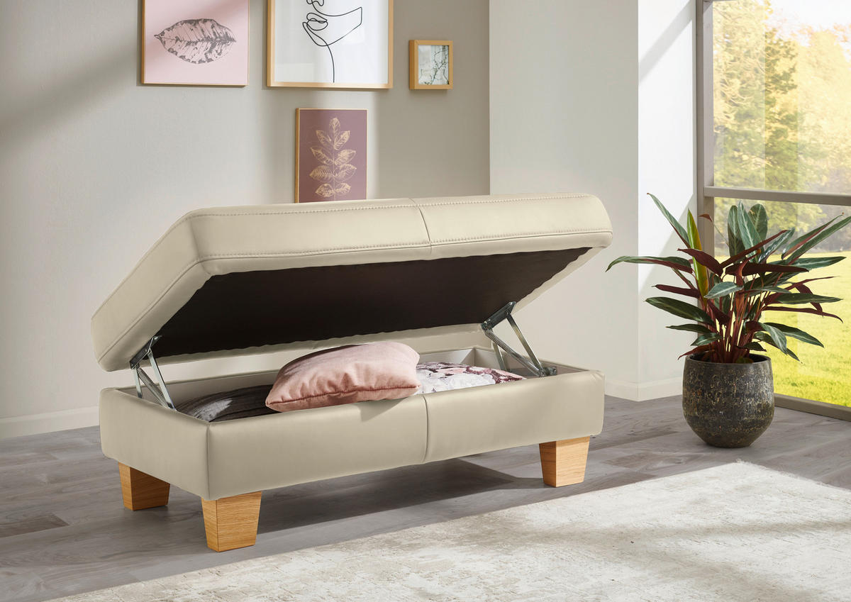 ECKSOFA in Echtleder Creme, Naturfarben  - Eiche Bianco/Creme, Natur, Leder/Holz (257/235cm) - Valdera